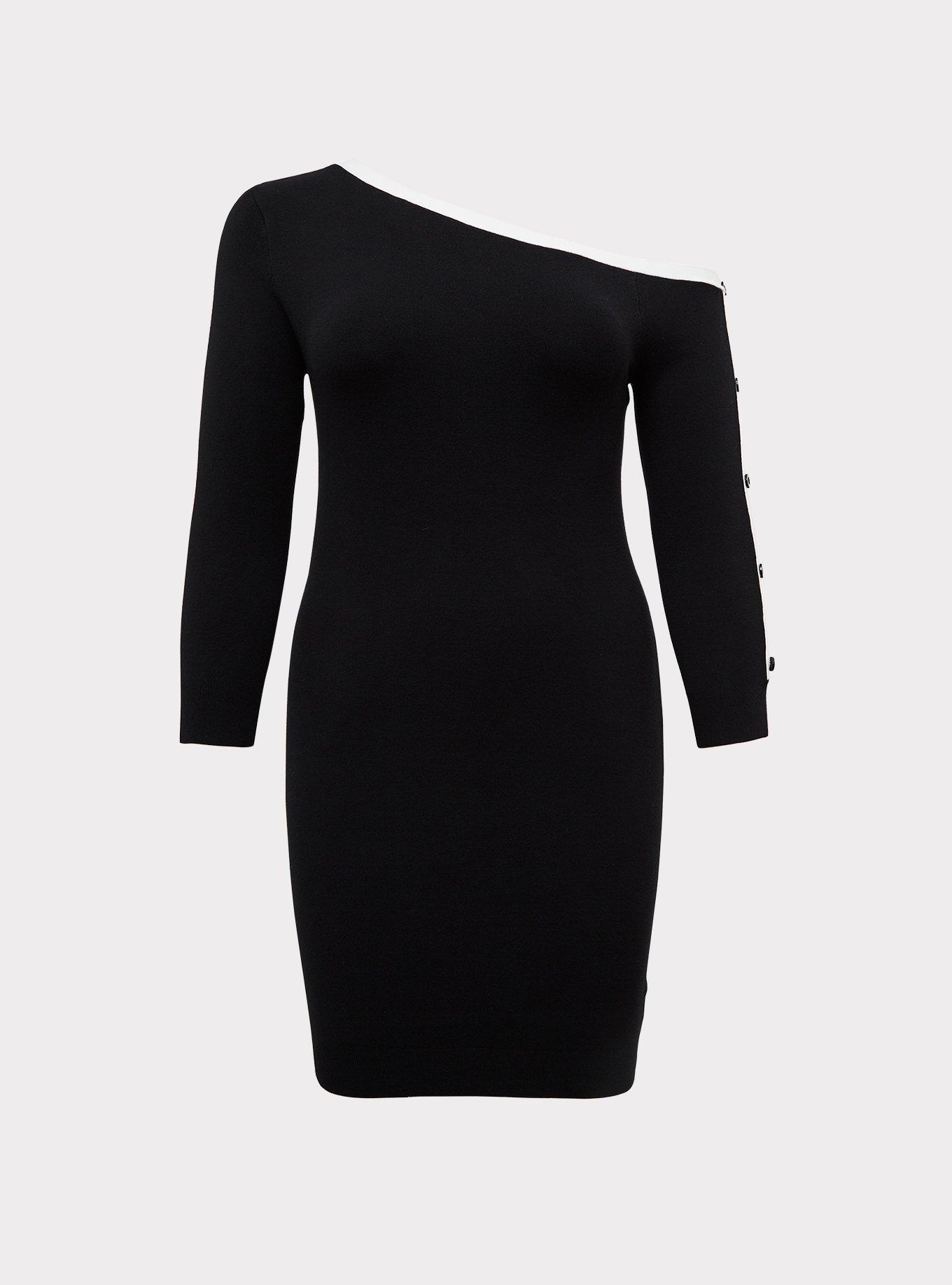 Plus Size Black & White Off Shoulder Button Sleeve Dress, , hi-res
