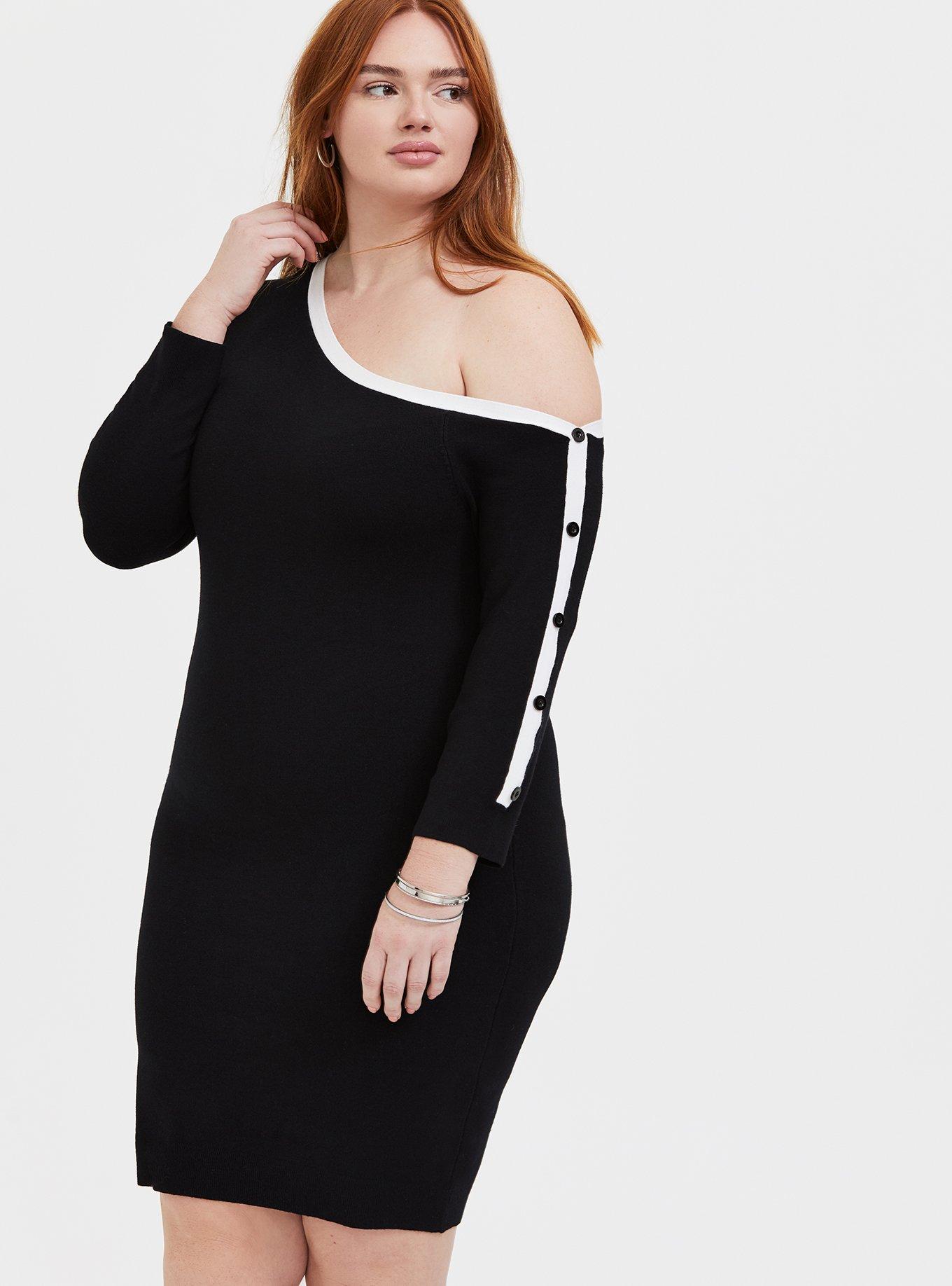 Plus Size Black & White Off Shoulder Button Sleeve Dress, , hi-res