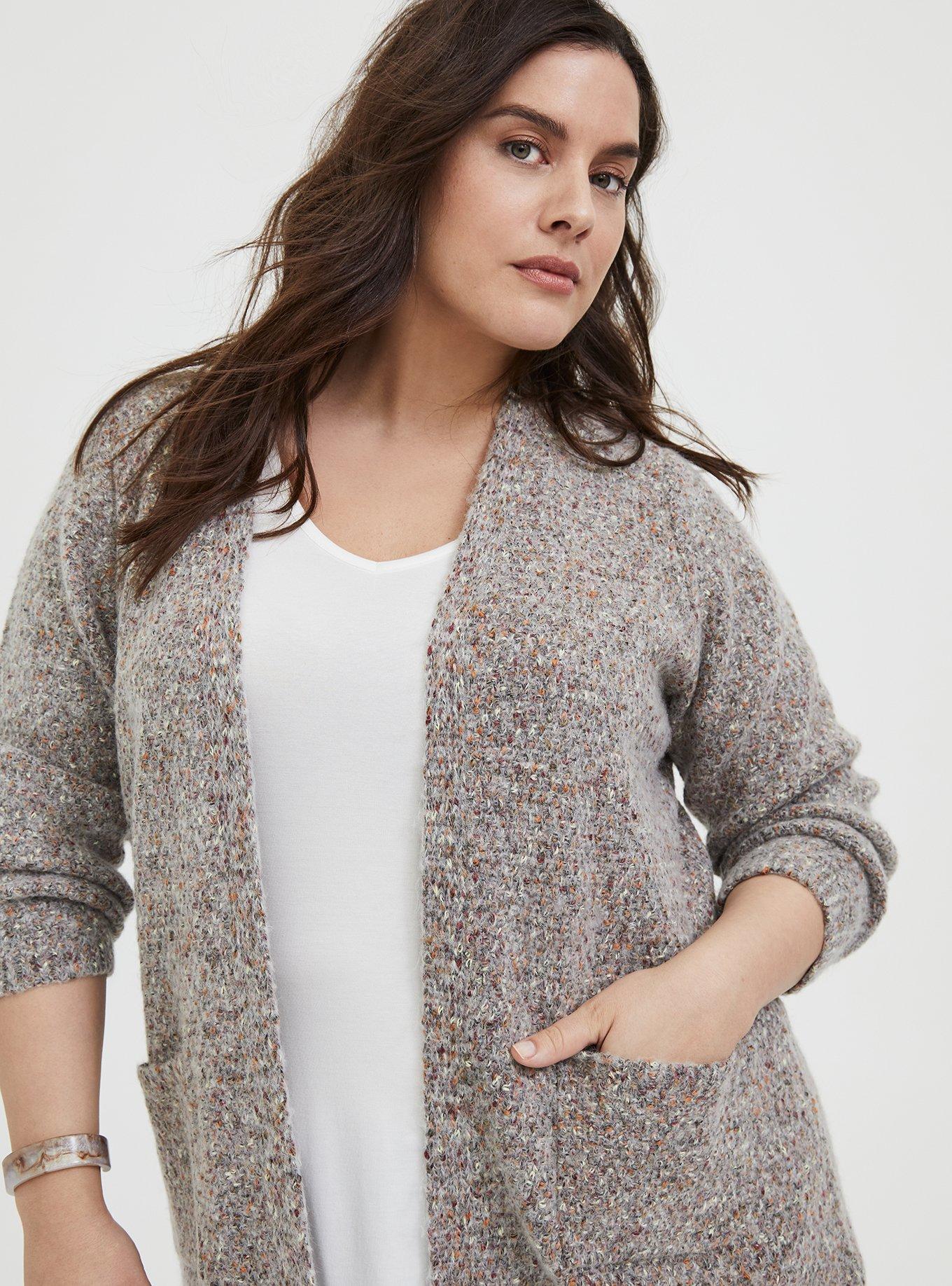 Grey & Colorful Marled Woolen Fuzzy Knit Cardigan, , alternate
