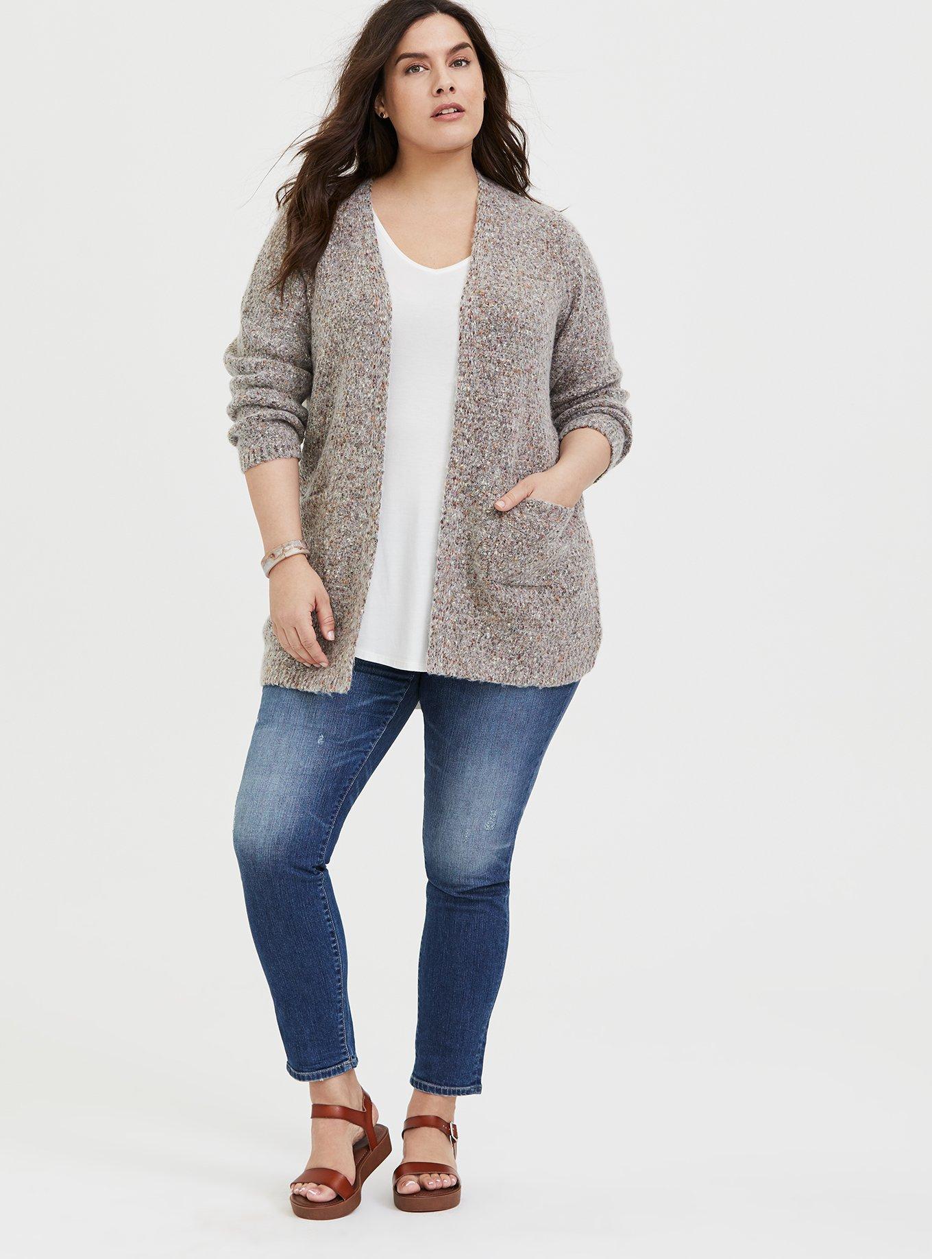 Grey & Colorful Marled Woolen Fuzzy Knit Cardigan, , alternate
