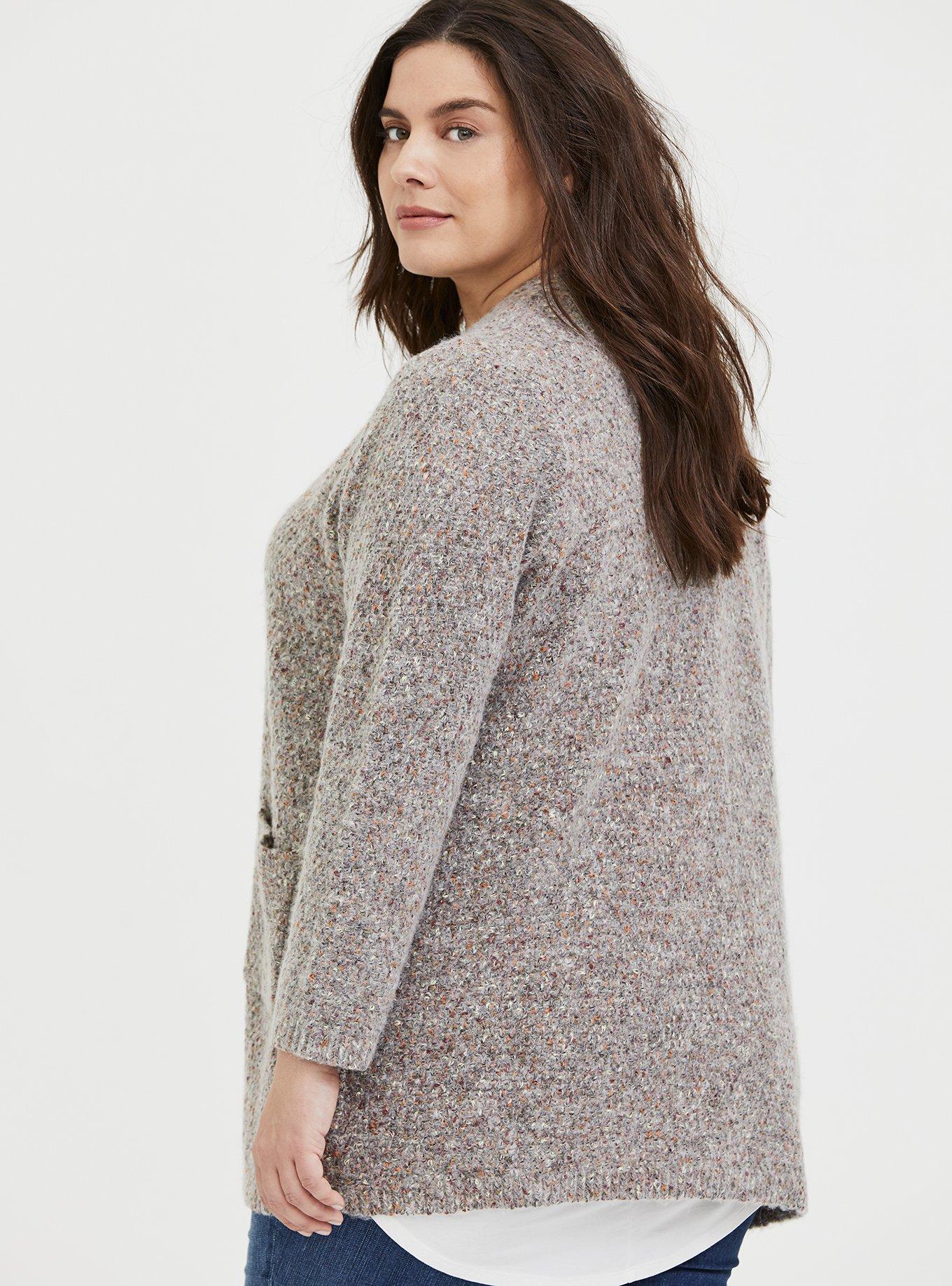 Grey & Colorful Marled Woolen Fuzzy Knit Cardigan, , alternate