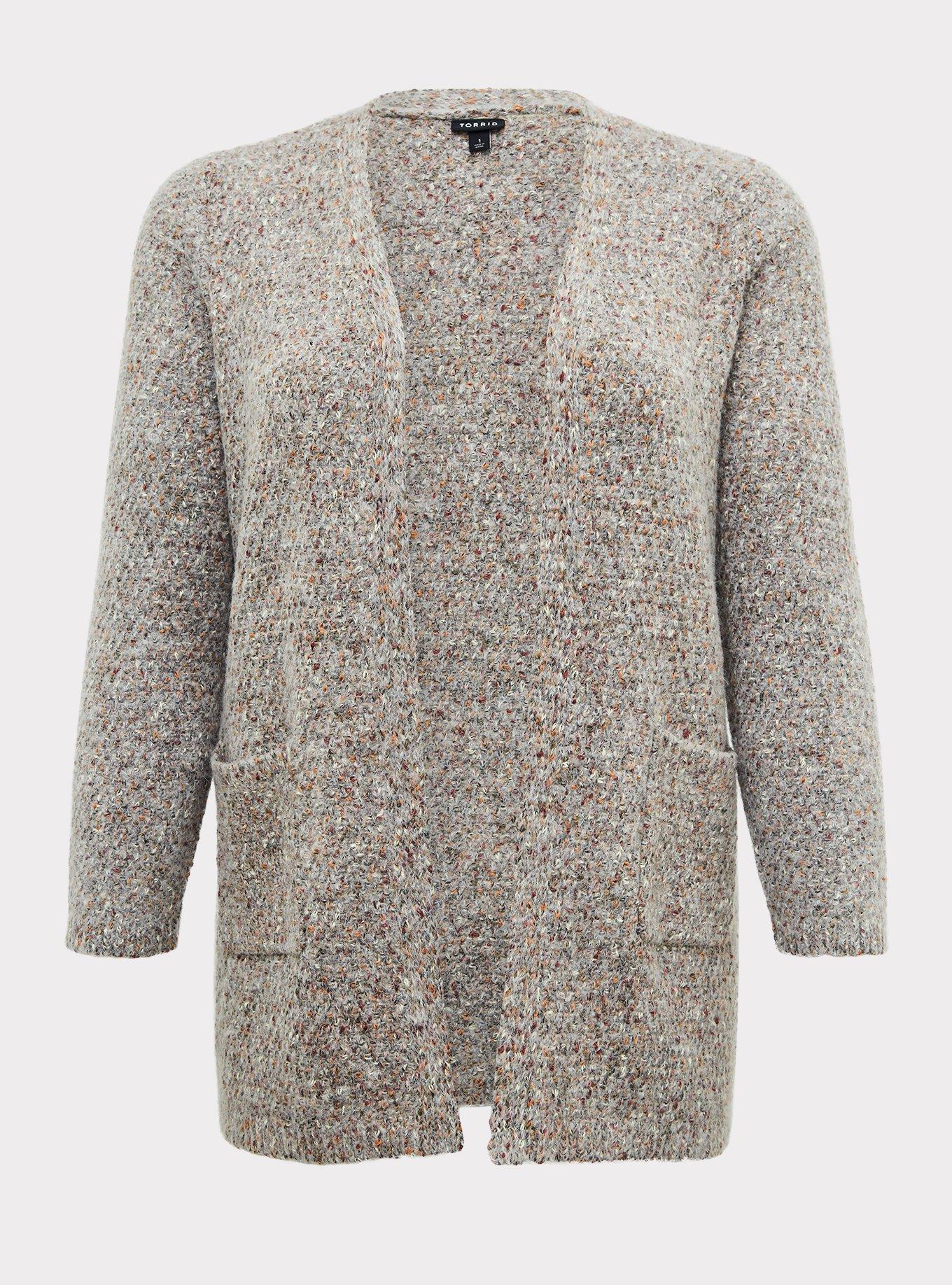 Grey & Colorful Marled Woolen Fuzzy Knit Cardigan, , hi-res