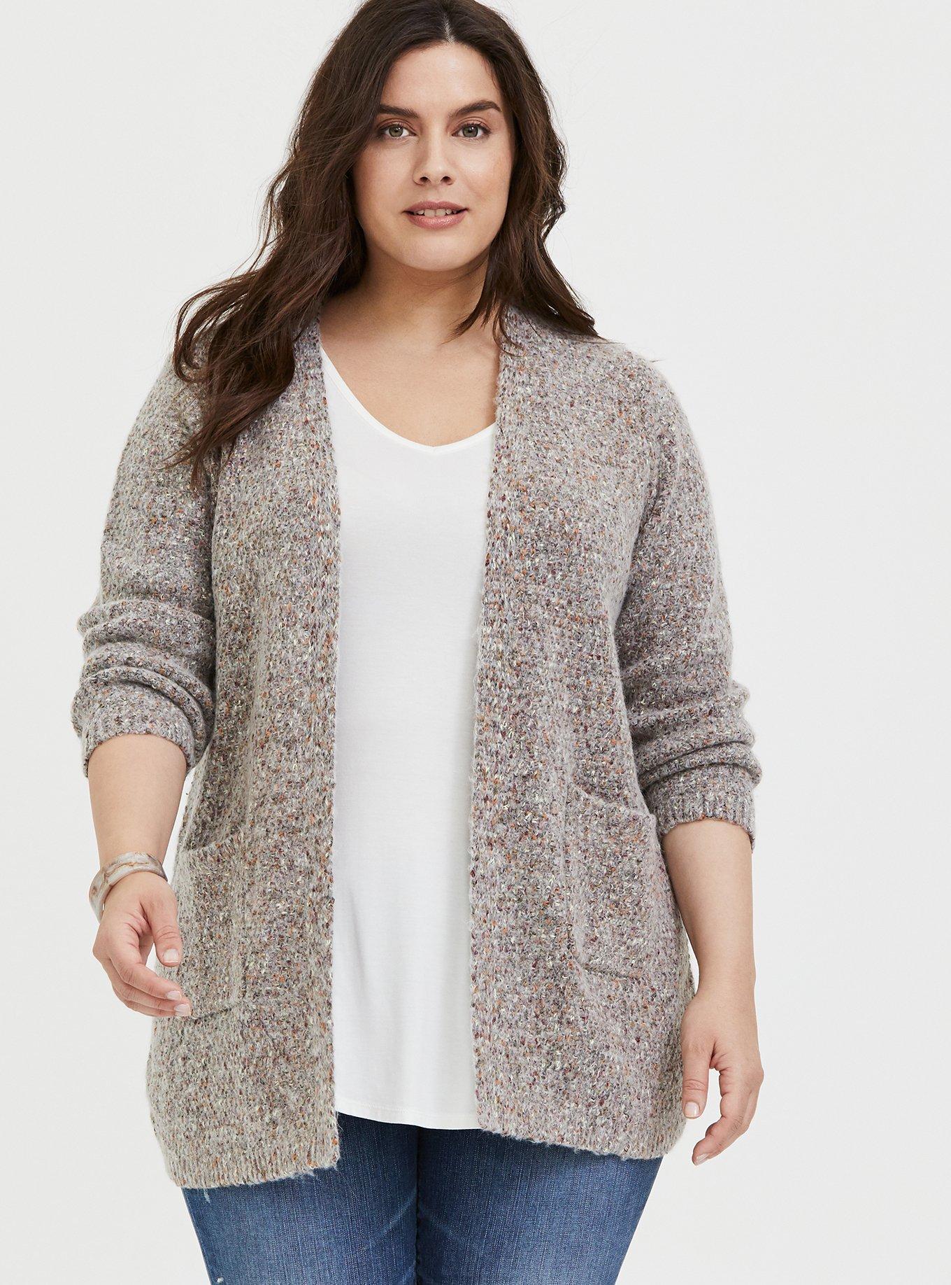 Grey & Colorful Marled Woolen Fuzzy Knit Cardigan, , hi-res