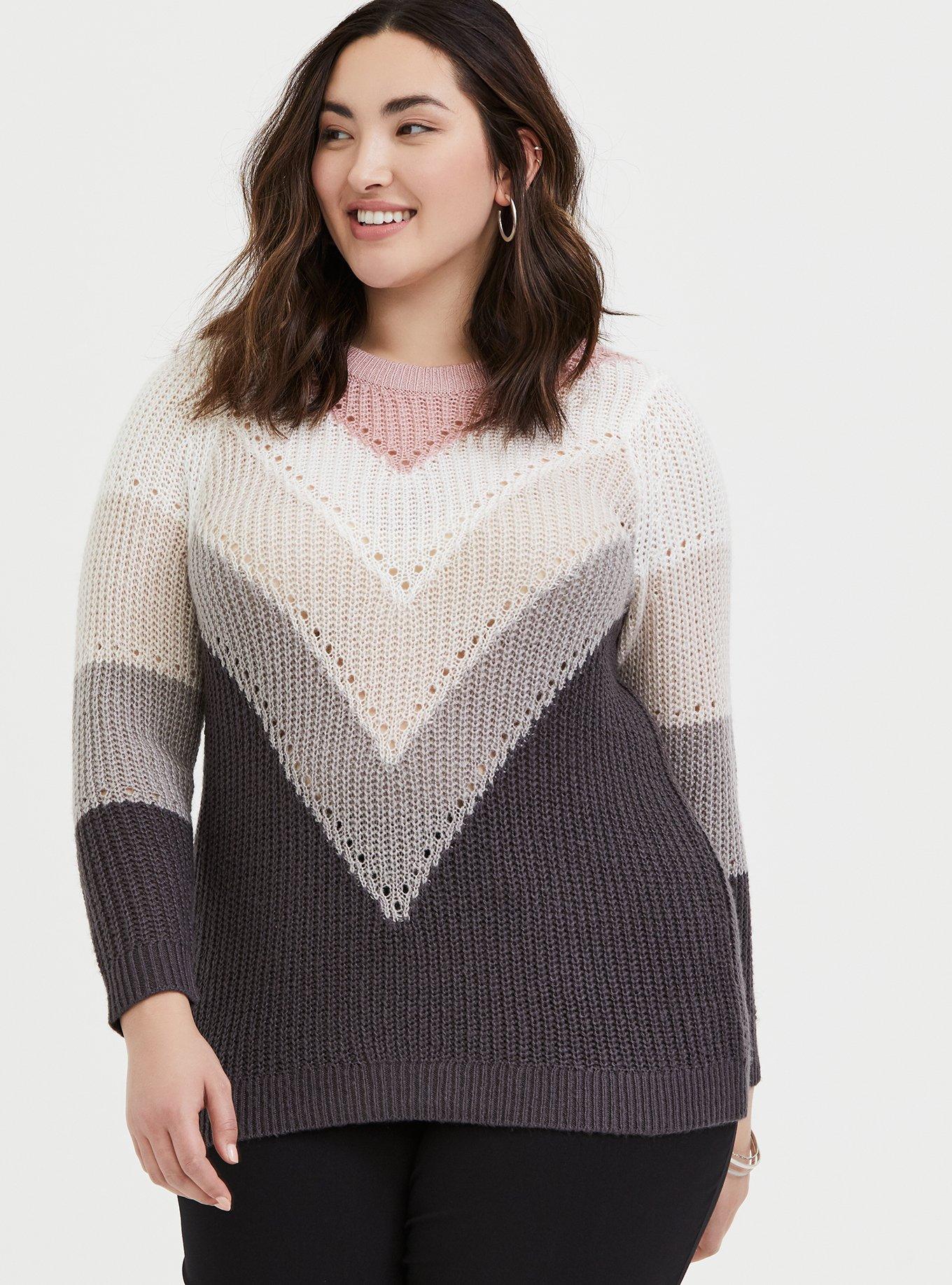 Plus Size - Colorblock Chevron Stripe Pointelle Sweater - Torrid