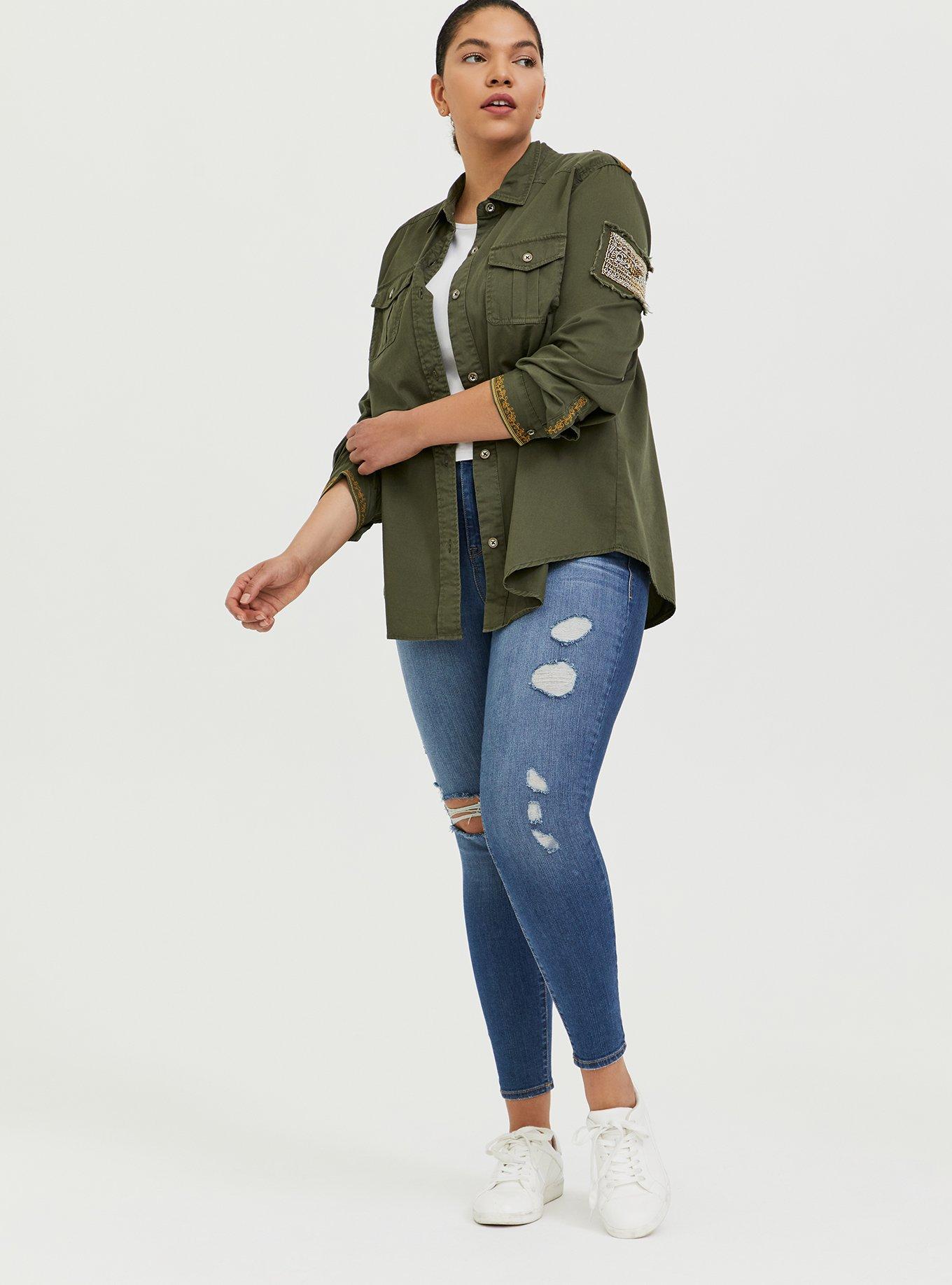 Plus Size - Olive Green Twill Military Embellished Jacket - Torrid