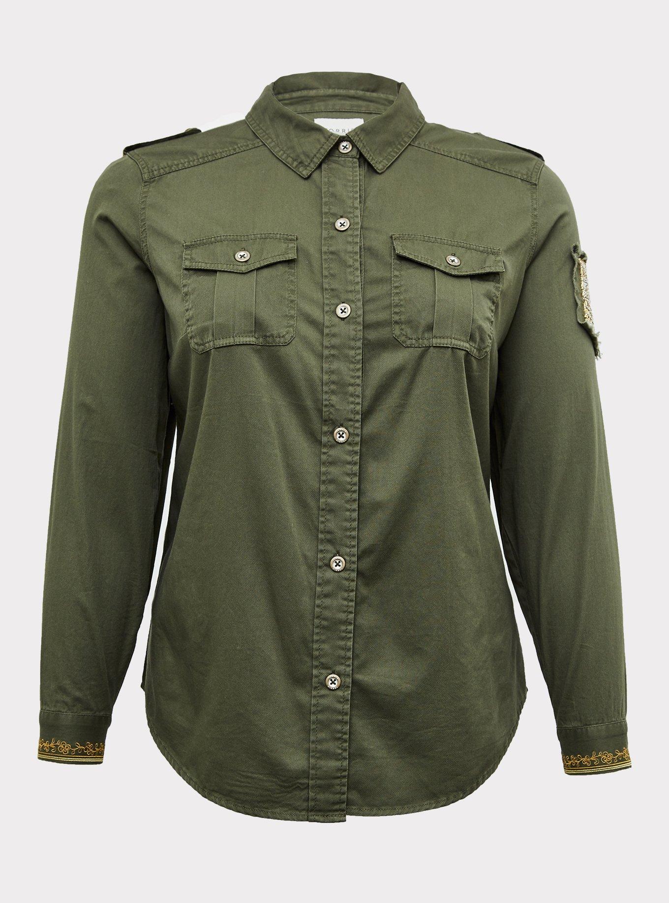 Olive Green Twill Military Embellished Jacket, , hi-res