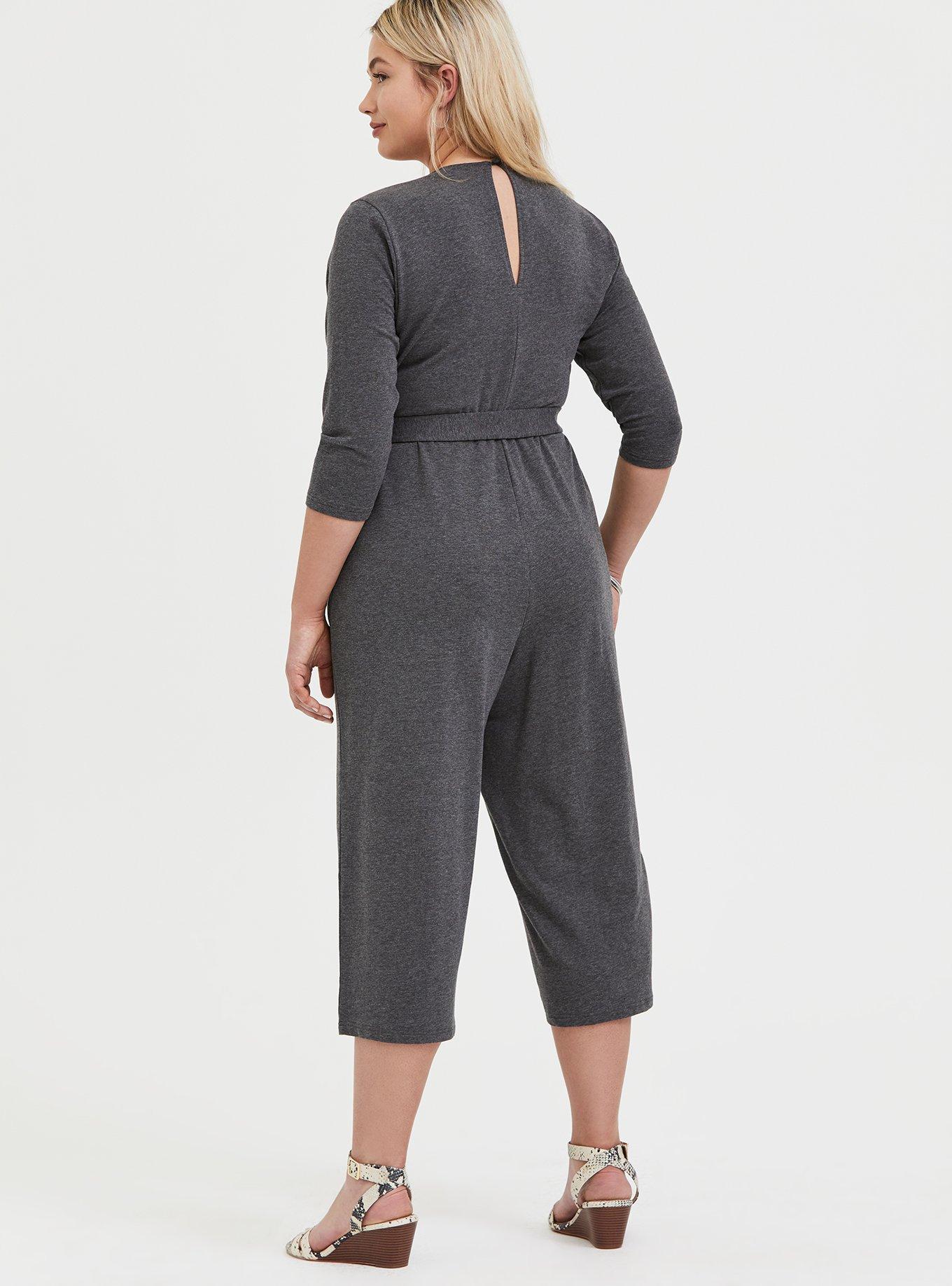 Charcoal Grey Terry Self Tie Culotte Jumpsuit, CHARCOAL HEATHER, alternate
