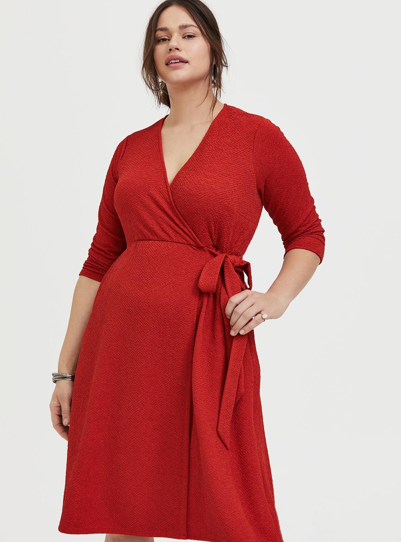 Red Terracotta Textured Surplice Above-the-Knee Wrap Dress, , hi-res