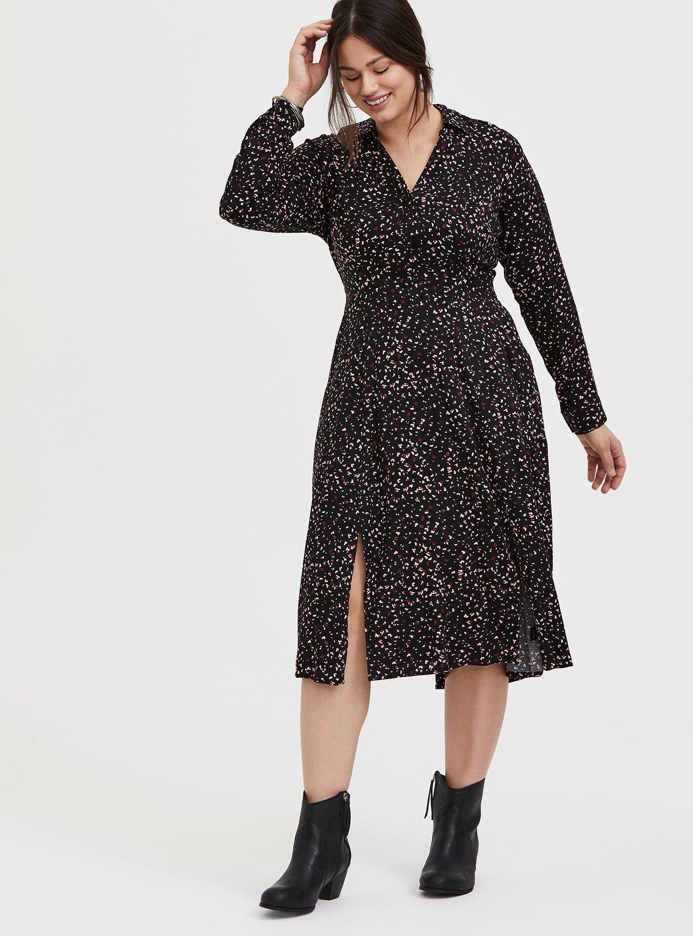 Plus Size Black Pink Leopard Heart Challis M Slit Midi Dress