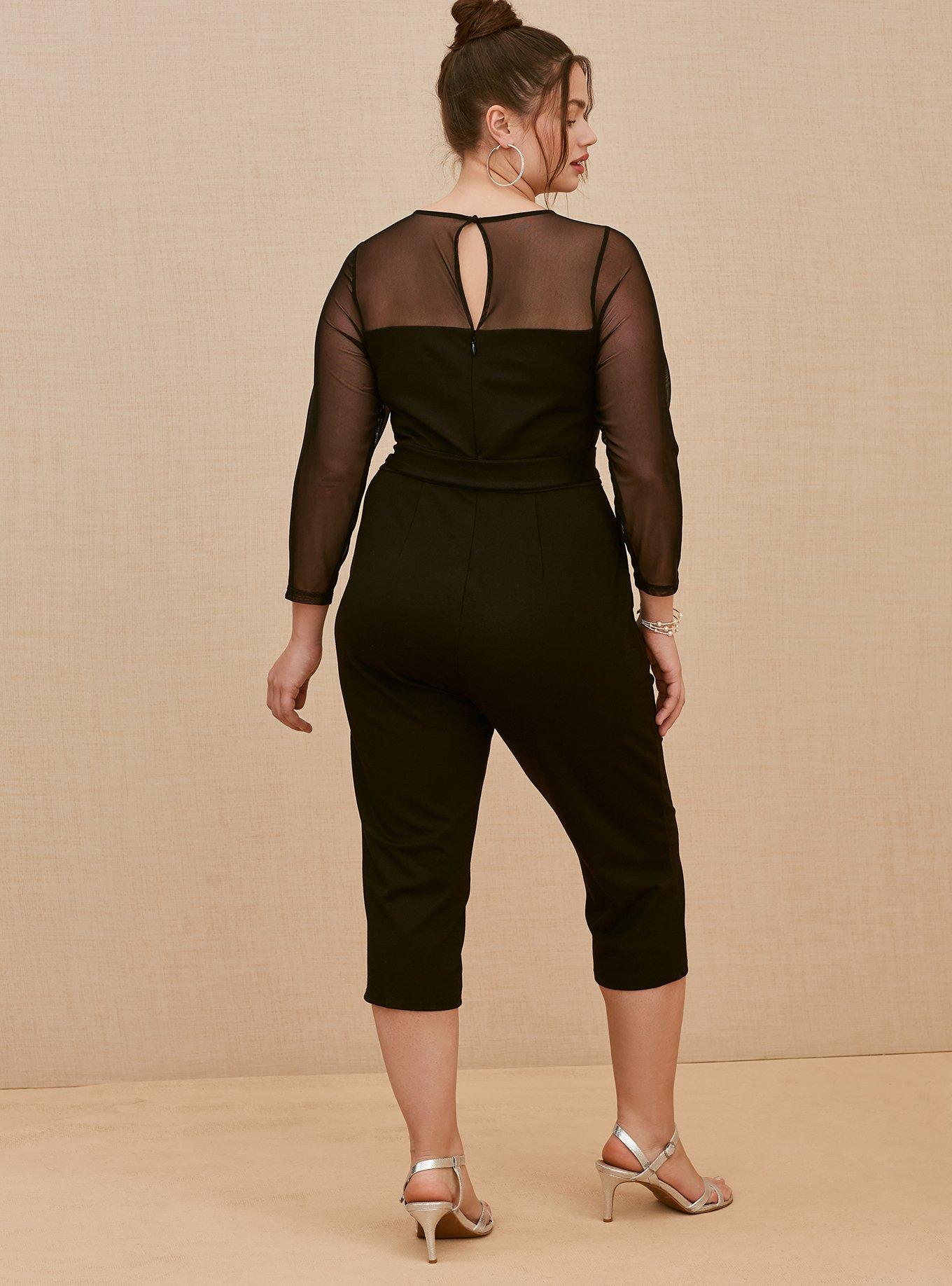 Plus Size - Black Premium Ponte & Mesh Illusion Neck Crop Jumpsuit - Torrid