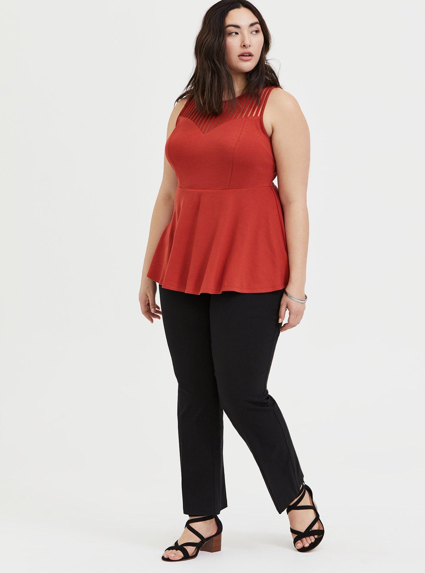 Plus Size Red Terracotta Premium Ponte Shadow Stripe Yoke Peplum Top, KETCHUP, alternate