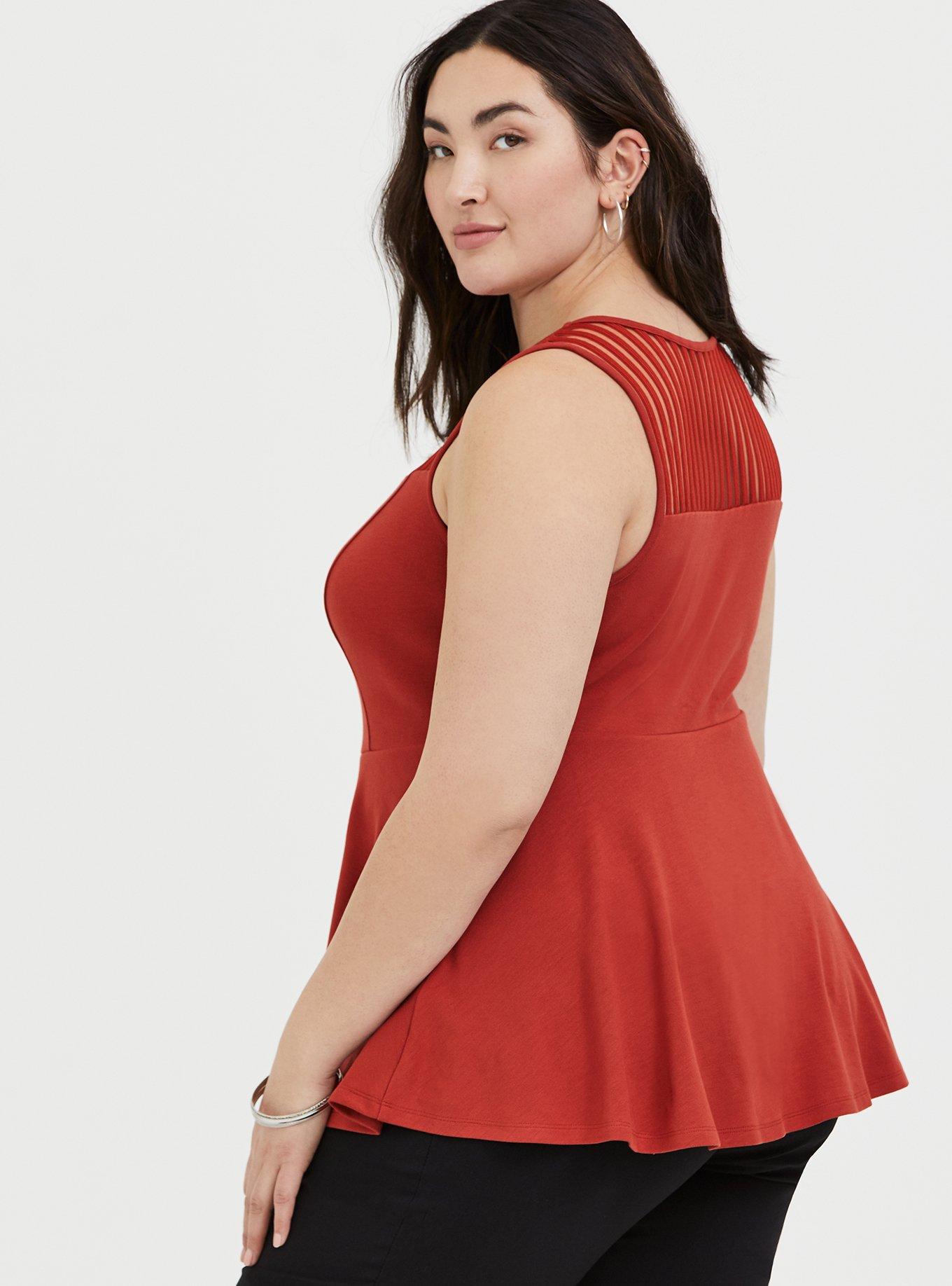 Plus Size Red Terracotta Premium Ponte Shadow Stripe Yoke Peplum Top, KETCHUP, alternate
