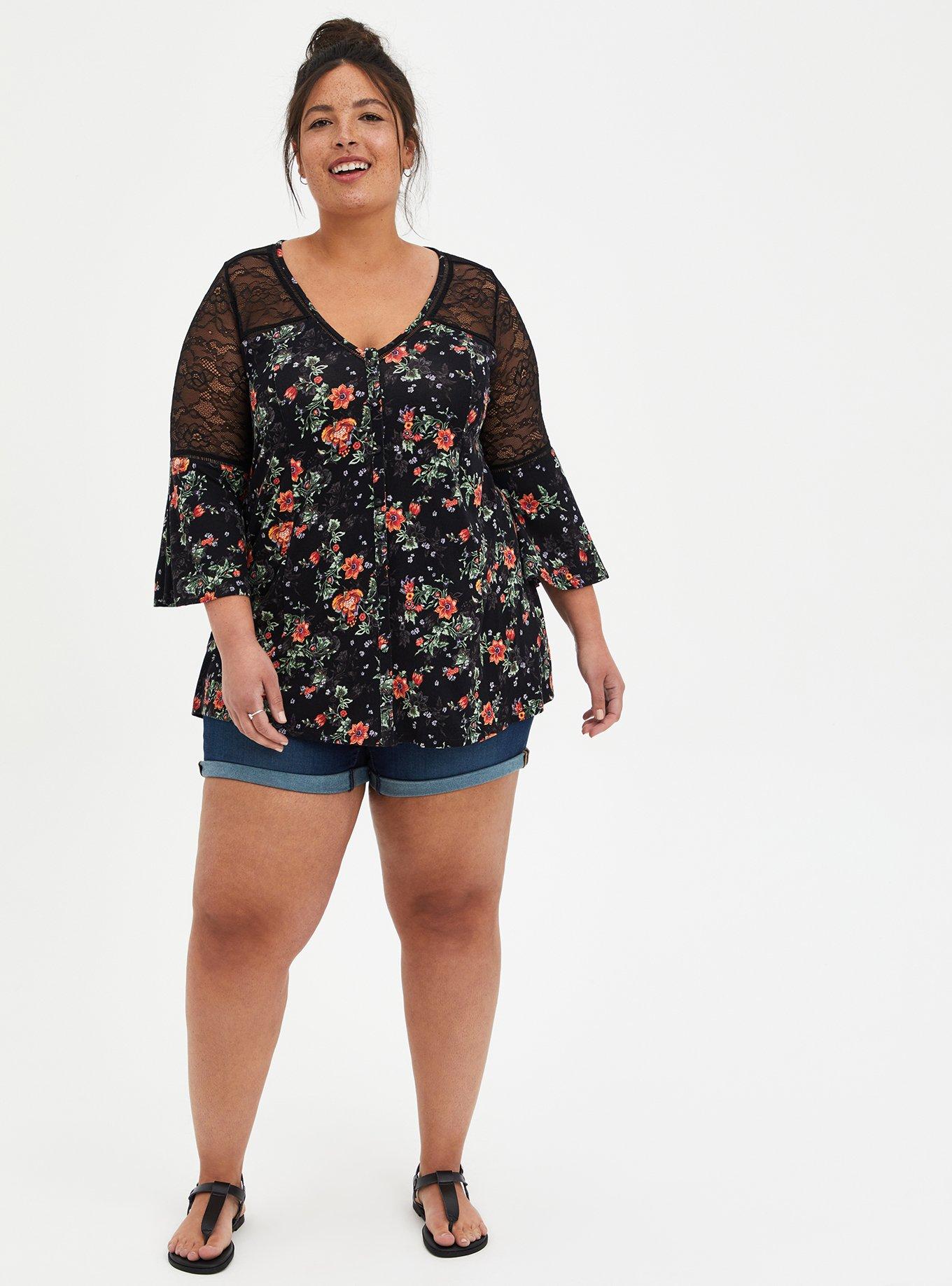 Plus Size - Super Soft V-Neck Lace Inset Bell Sleeve Button-Front Top -  Torrid