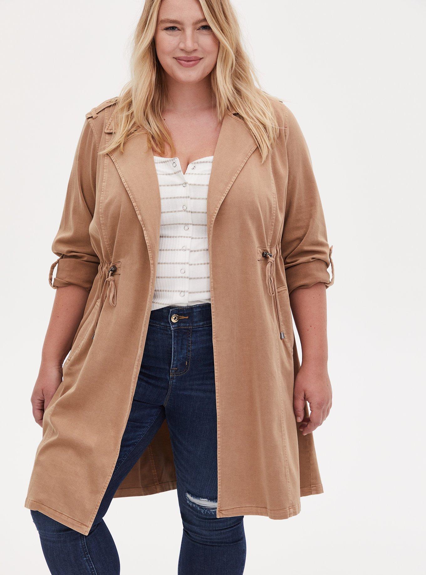 Plus Size Twill Drape Front Trench, CAMEL, alternate