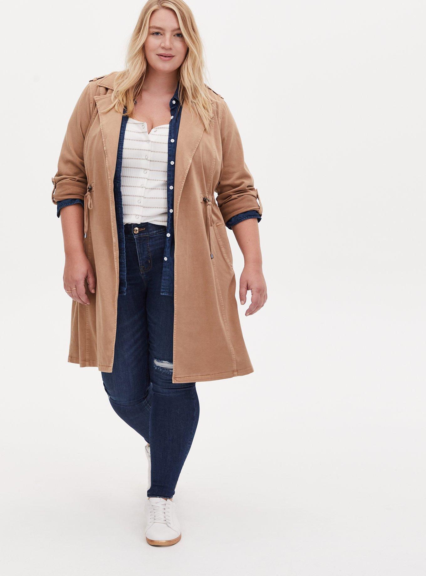 Plus Size Twill Drape Front Trench, CAMEL, hi-res