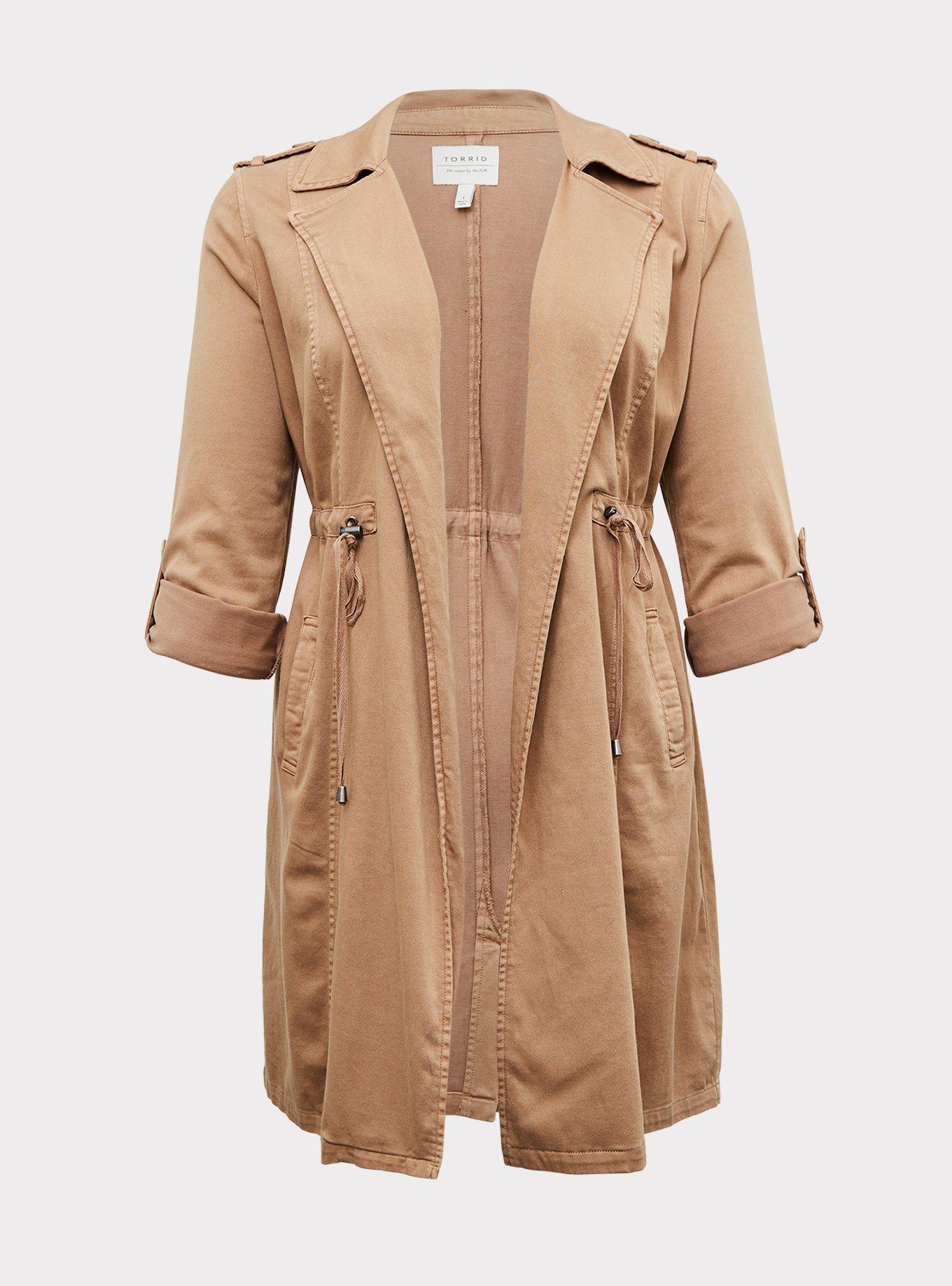 Plus Size Twill Drape Front Trench, CAMEL, hi-res