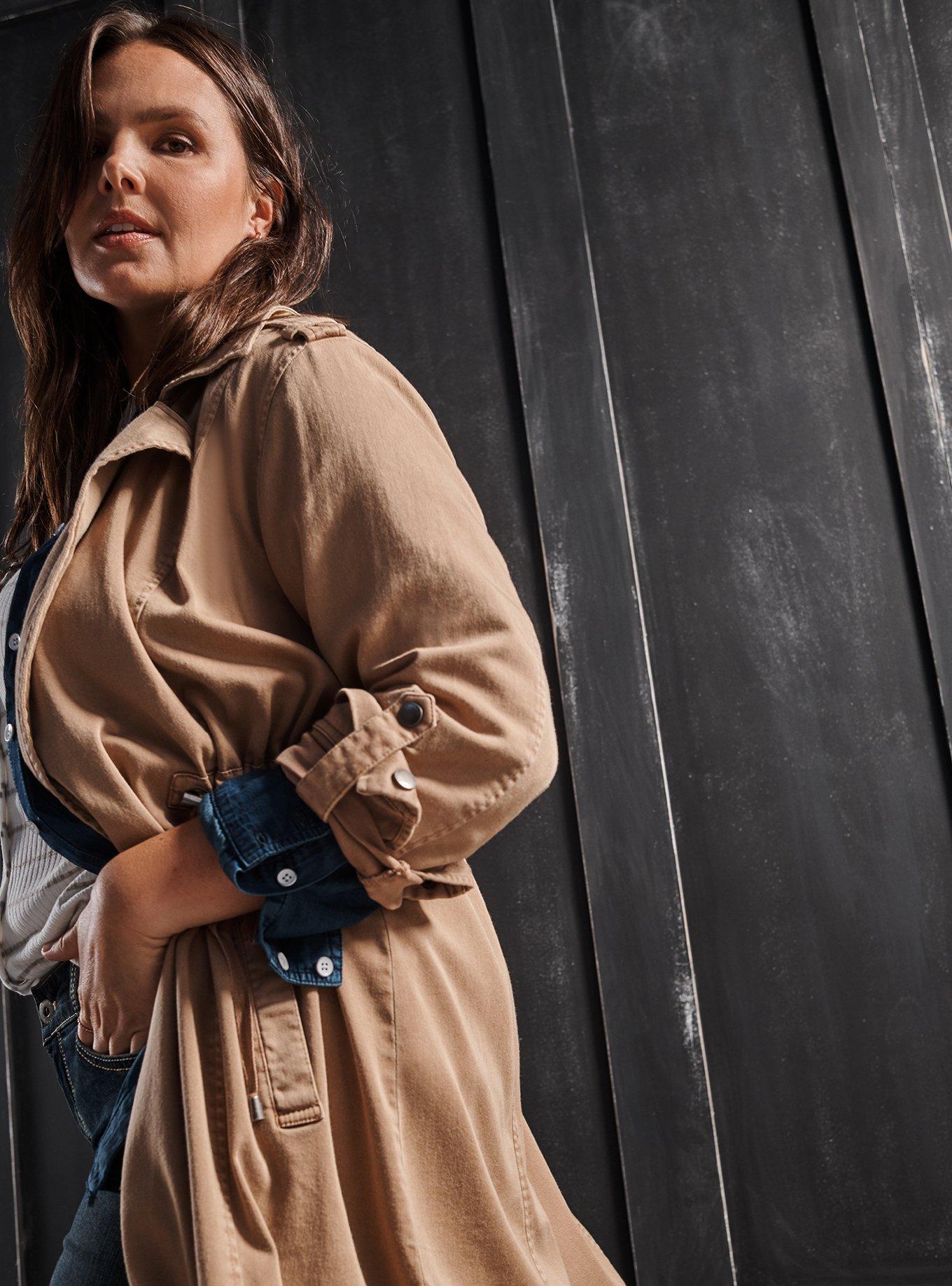 Plus Size Twill Drape Front Trench, CAMEL, hi-res