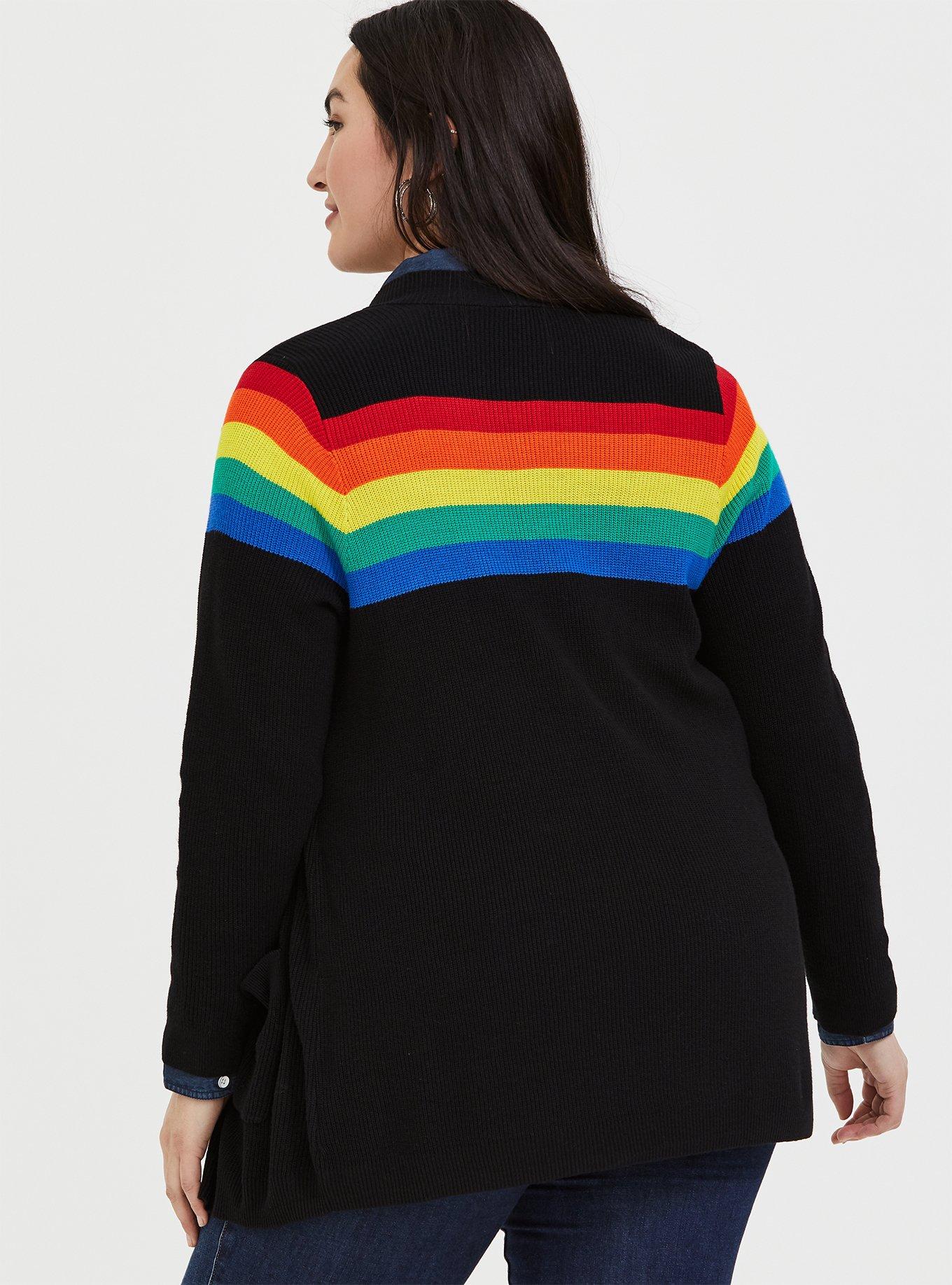 Plus Size Celebrate Love Black Rainbow Stripe Rib Open Front Cardigan Torrid