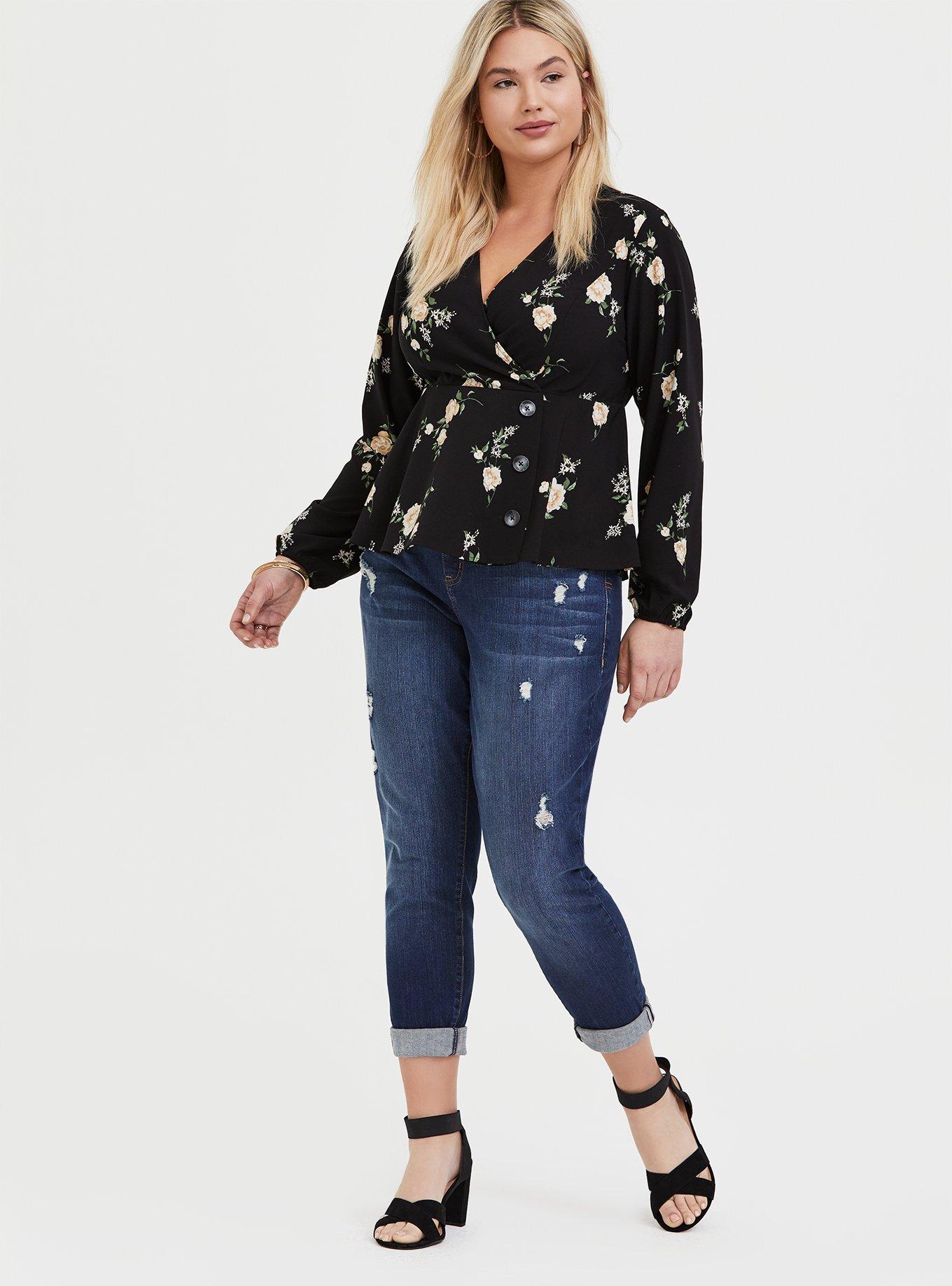 Plus Size Black Floral Crepe Surplice Midi Peplum Blouse, FLORAL BLACK, alternate