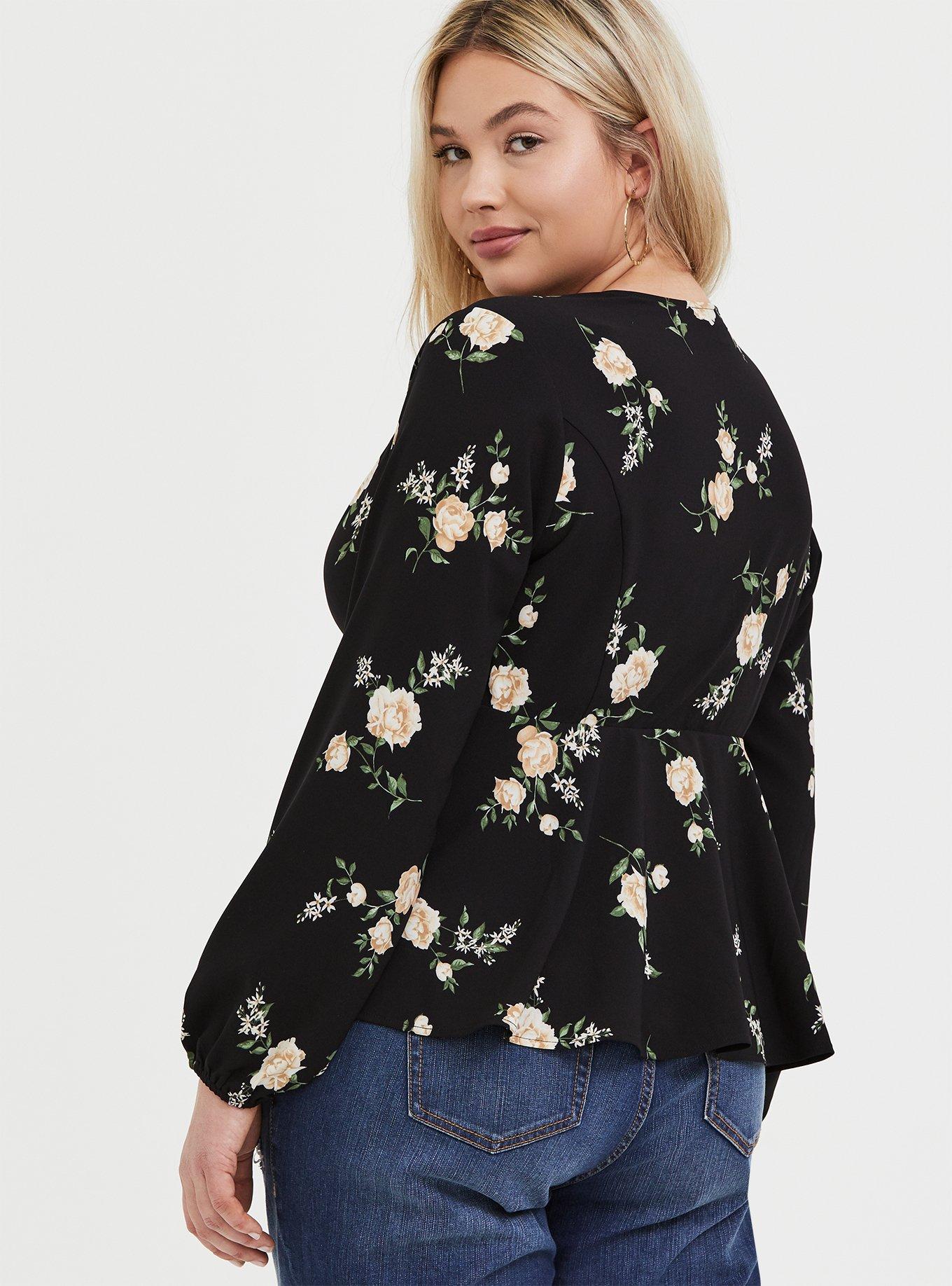 Plus Size Black Floral Crepe Surplice Midi Peplum Blouse, FLORAL BLACK, alternate