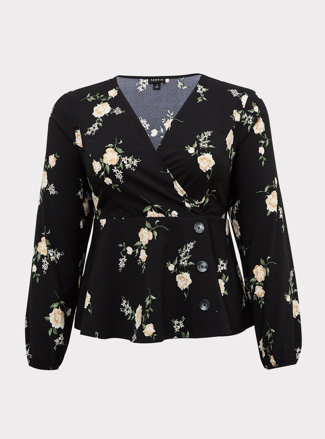Plus Size Black Floral Crepe Surplice Midi Peplum Blouse, FLORAL BLACK, hi-res
