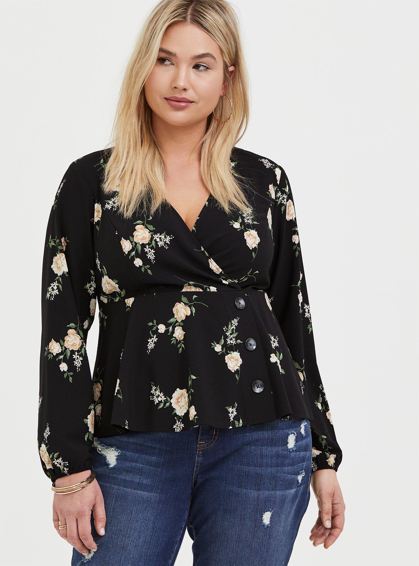 Plus Size Black Floral Crepe Surplice Midi Peplum Blouse, FLORAL BLACK, hi-res
