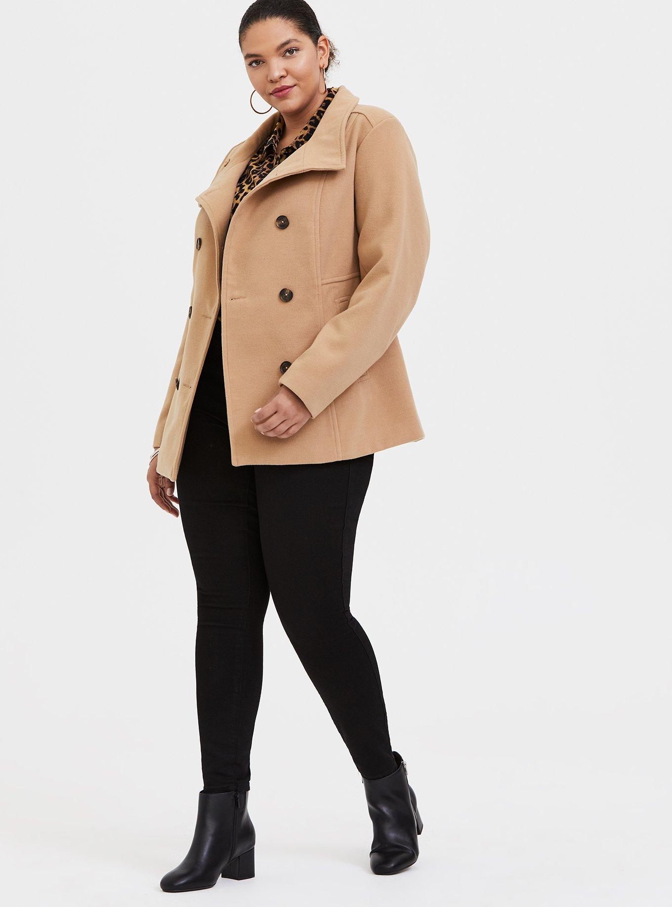 Plus Size Beige Double-Breasted Peacoat, CAMEL, alternate