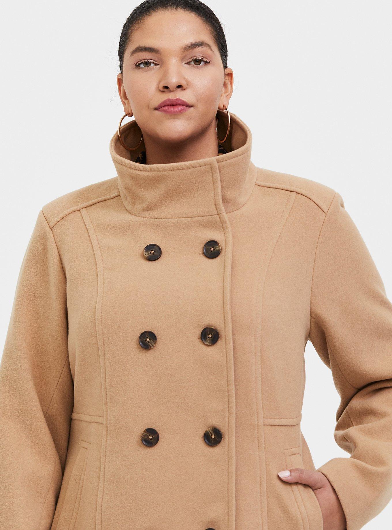 Plus Size Beige Double-Breasted Peacoat, CAMEL, alternate