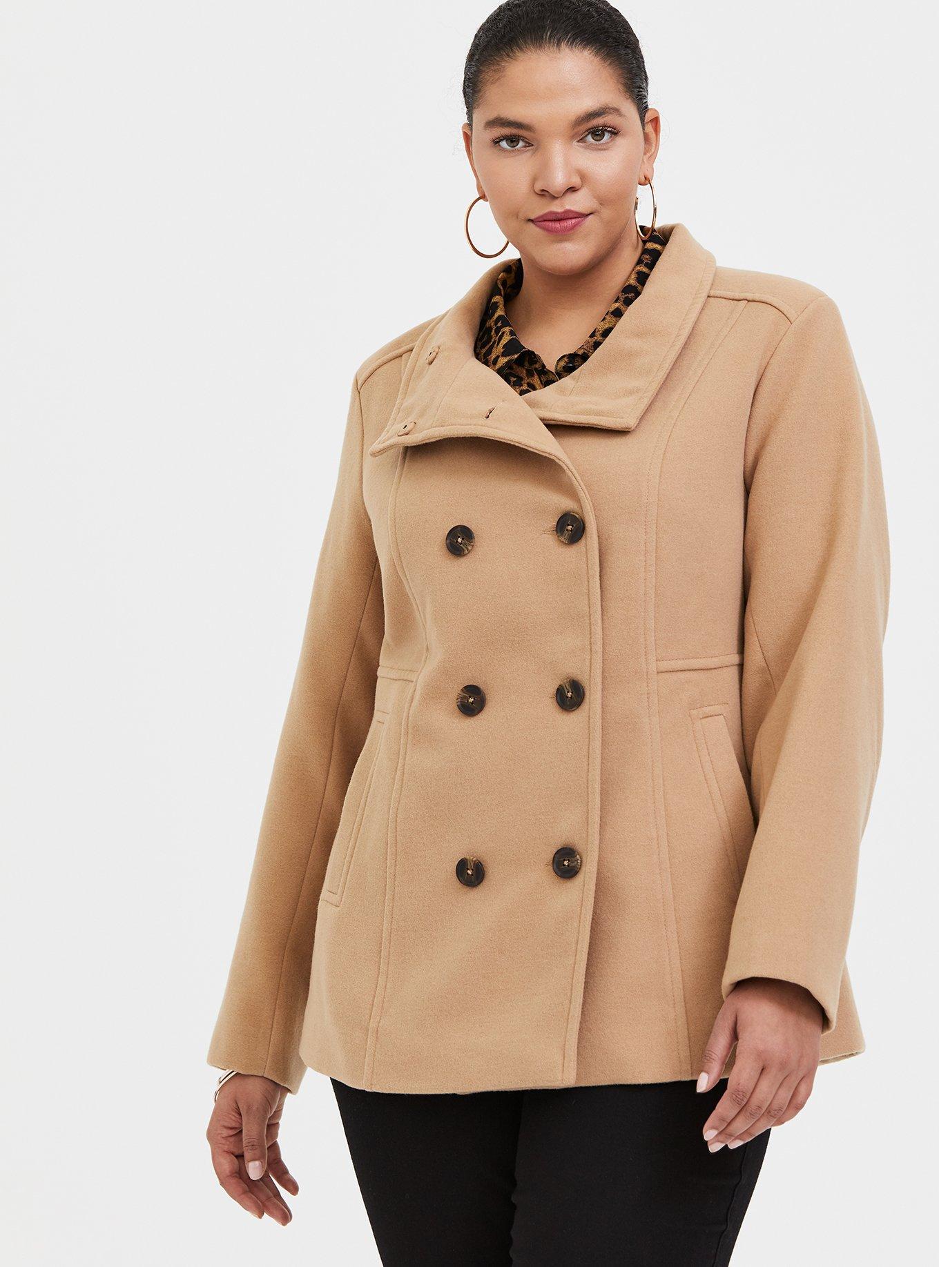Plus Size Beige Double-Breasted Peacoat, CAMEL, alternate