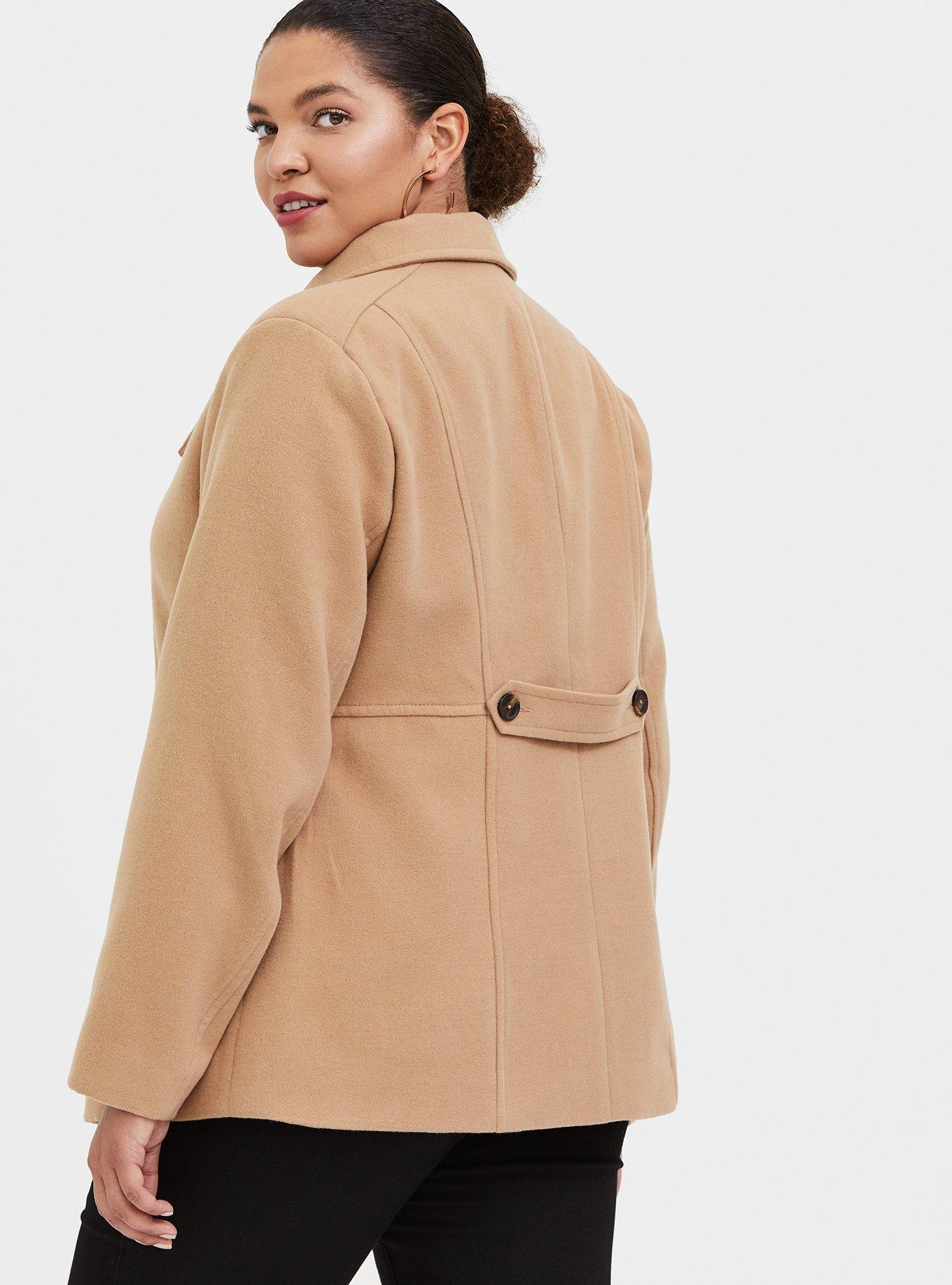Plus Size Beige Double-Breasted Peacoat, CAMEL, alternate