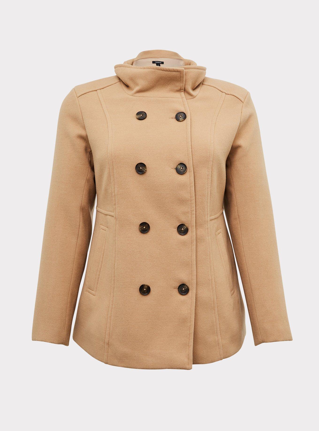 Plus Size Beige Double-Breasted Peacoat, CAMEL, hi-res