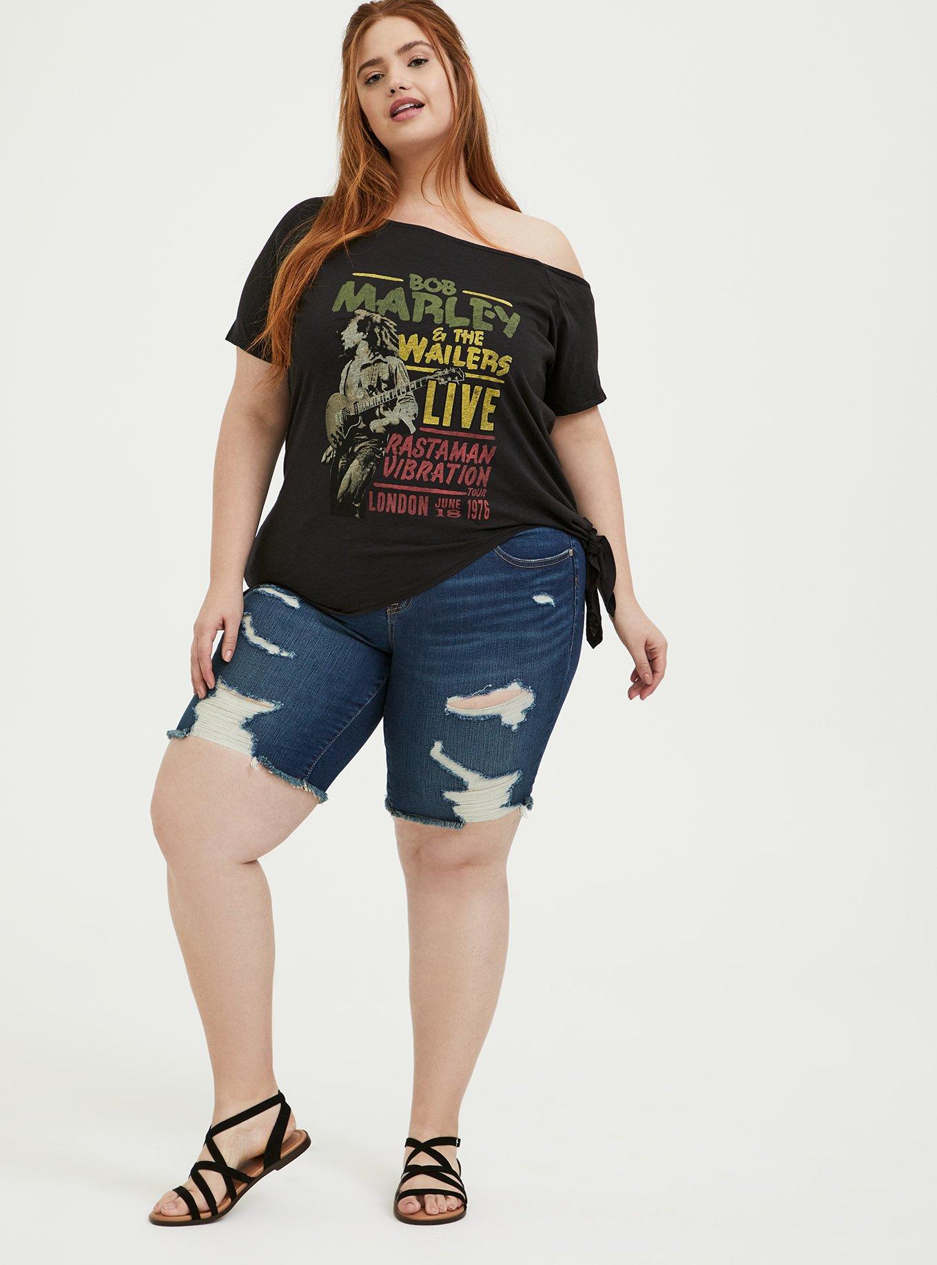 Bob Marley Black Tie Front Off Shoulder Tee, DEEP BLACK, alternate