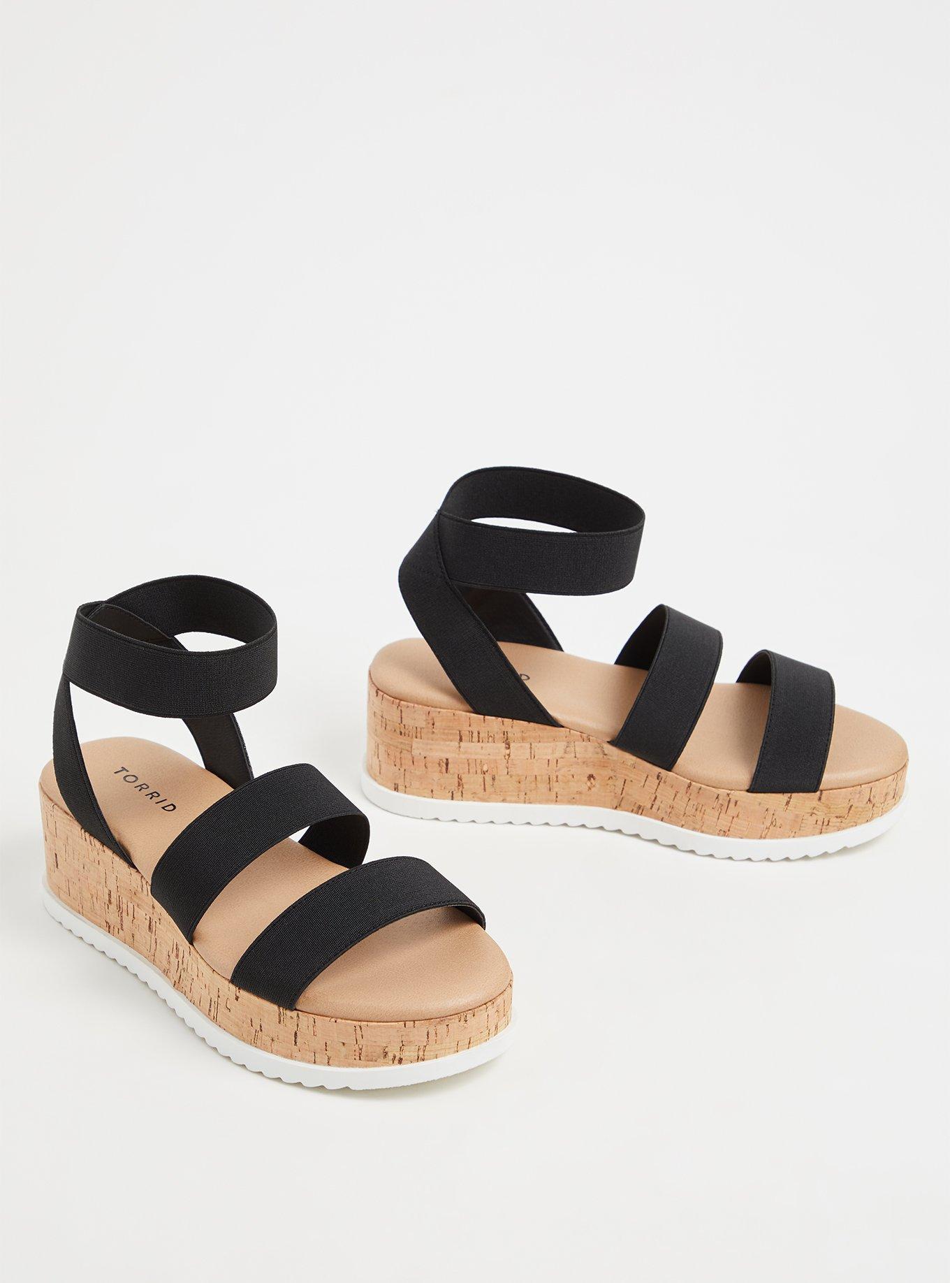 Plus Size Stretch Band Cork Flatform Wedge (WW), BLACK, alternate