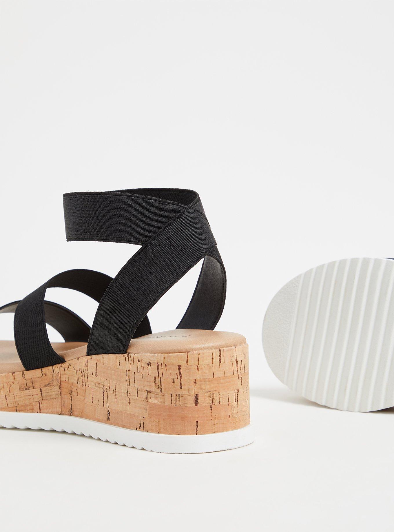 Plus Size Stretch Band Cork Flatform Wedge (WW), BLACK, alternate