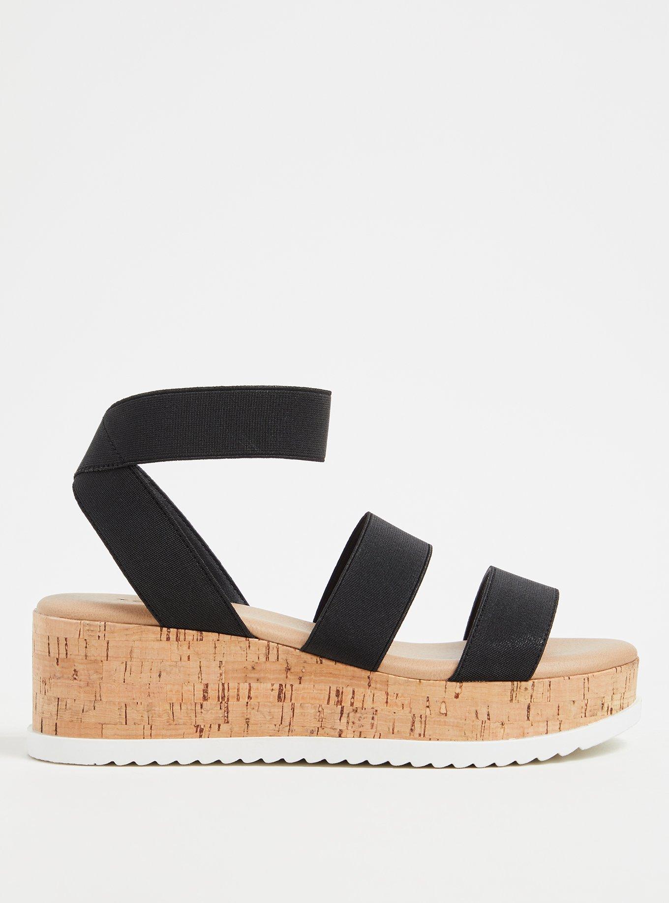 Plus Size Stretch Band Cork Flatform Wedge (WW), BLACK, hi-res