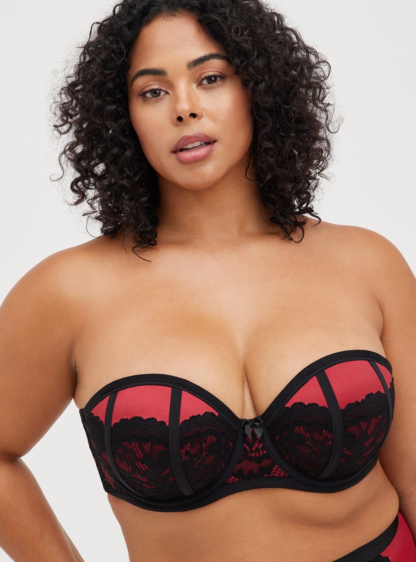 Black & Red Lace Strappy Push-Up Strapless Bra 42D  Push up strapless bra,  Strapless bra, Black and red