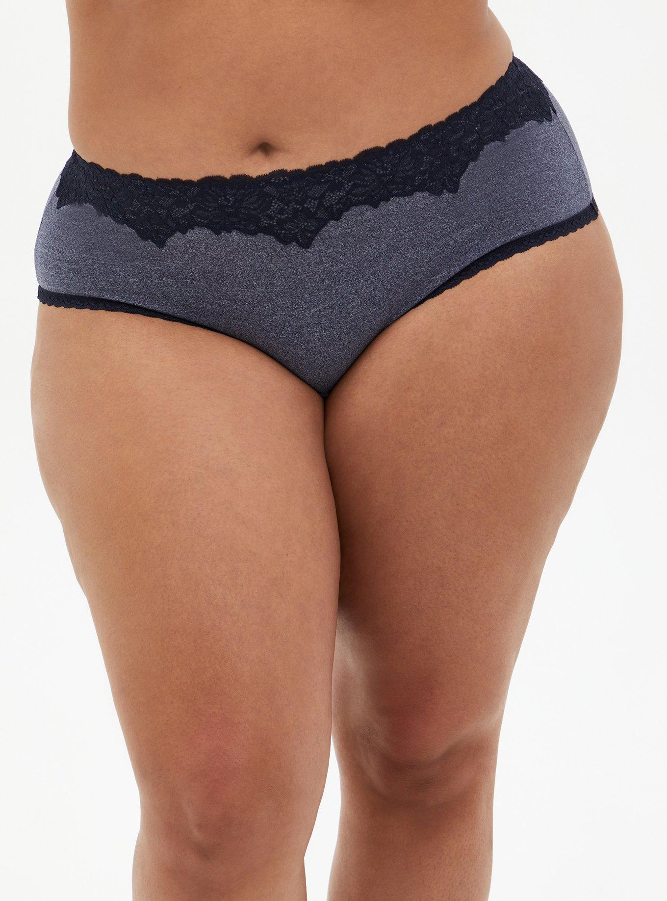 Plus Size - Microfiber Mid-Rise Cheeky Heather Lace Trim Panty