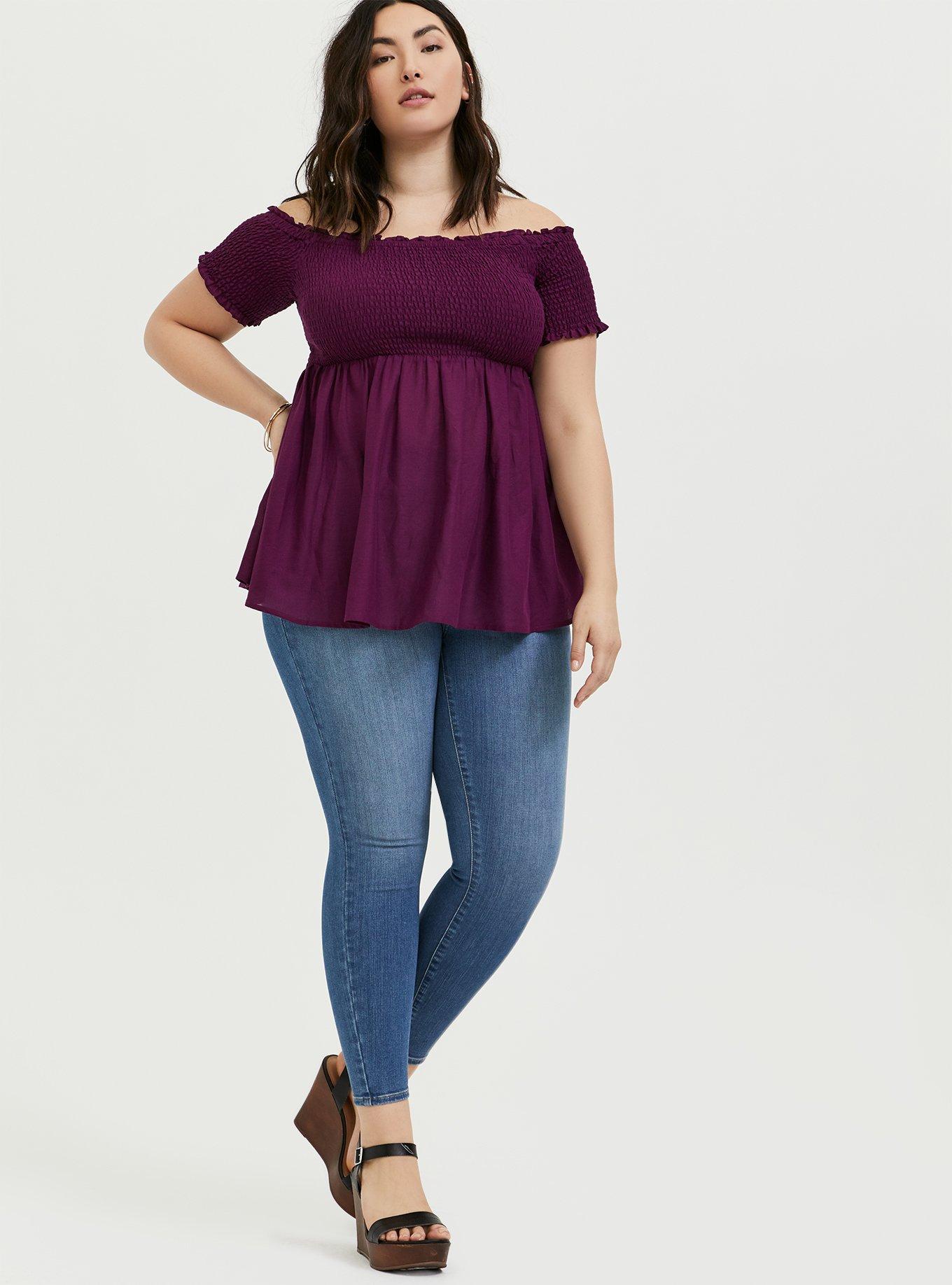 Plus Size Peplum Gauze Smocked Off-Shoulder Top, DARK PURPLE, alternate