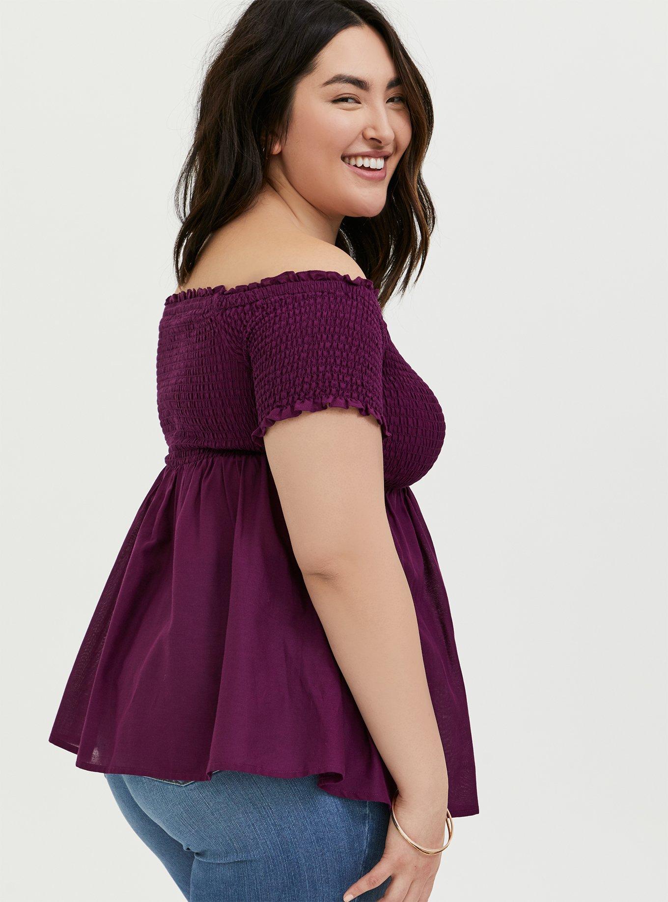 Plus Size Peplum Gauze Smocked Off-Shoulder Top, DARK PURPLE, alternate
