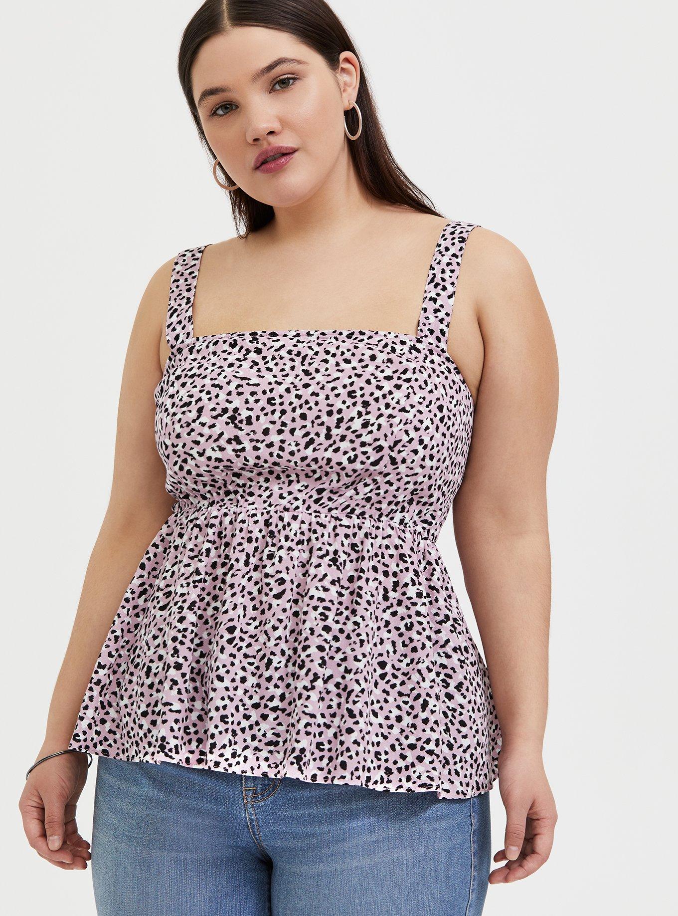 Plus Size Mauve Pink Leopard Challis Tie Back Peplum Midi Top, , alternate