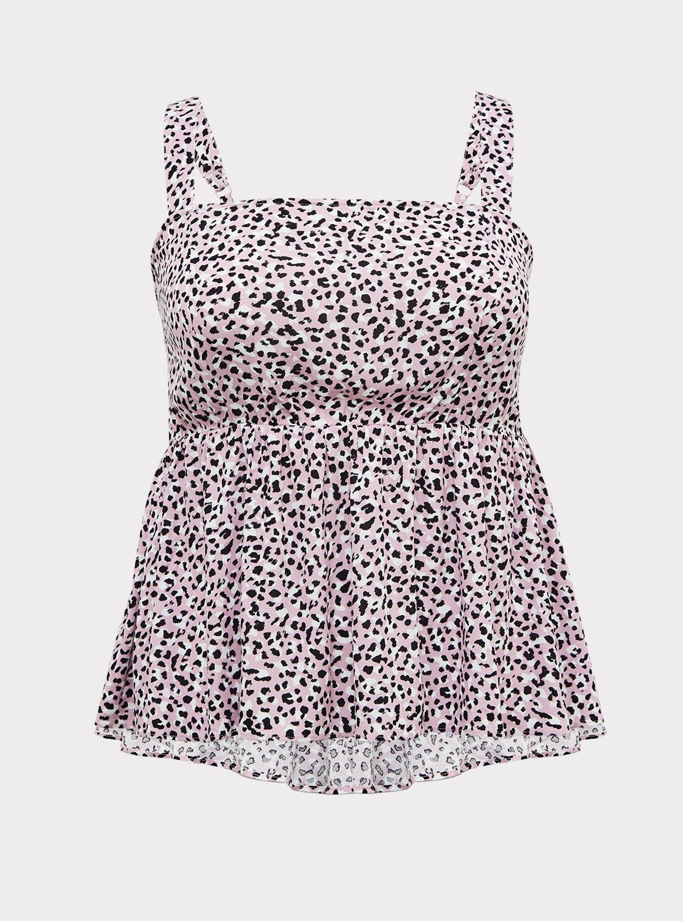 Plus Size Mauve Pink Leopard Challis Tie Back Peplum Midi Top, , hi-res