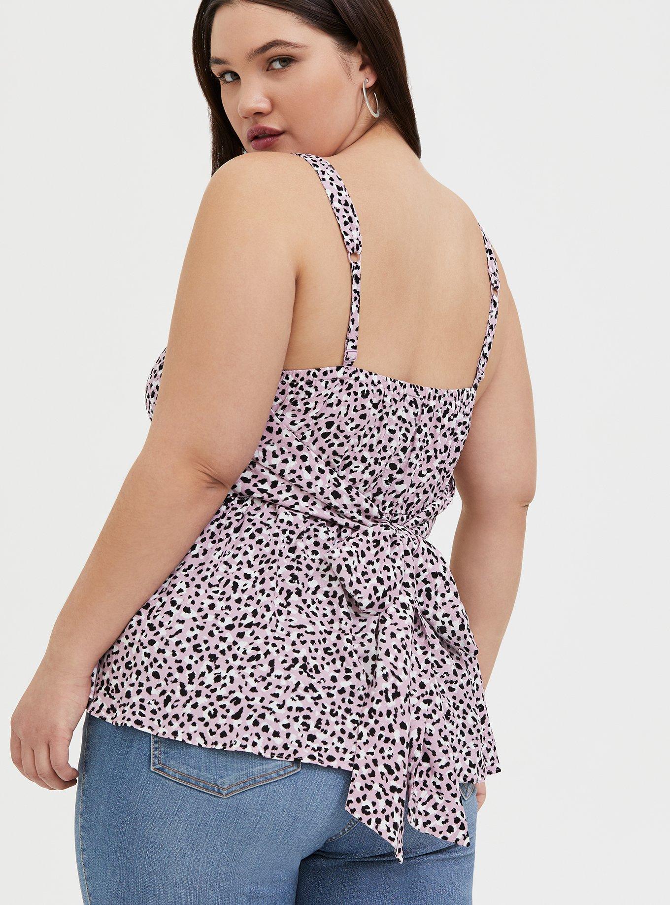 Plus Size Mauve Pink Leopard Challis Tie Back Peplum Midi Top, , hi-res