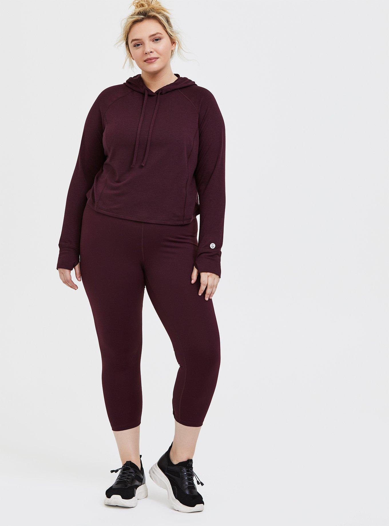 French Terry Cropped Long Sleeve Active Hooded Sweatshirt, BURGUNDY, alternate