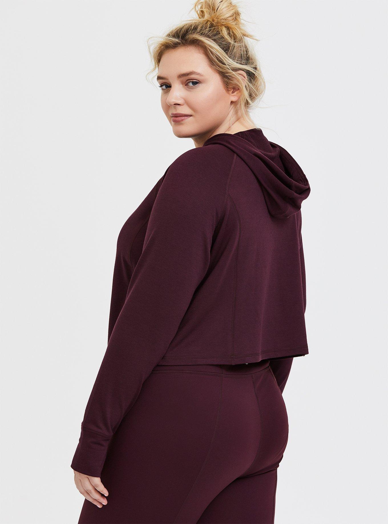 French Terry Cropped Long Sleeve Active Hooded Sweatshirt, BURGUNDY, alternate