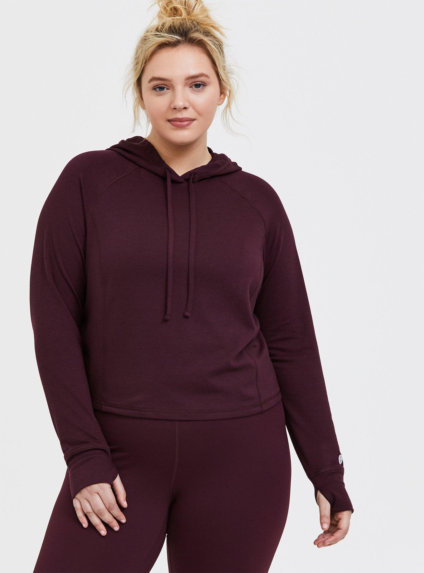 French Terry Cropped Long Sleeve Active Hooded Sweatshirt, BURGUNDY, hi-res