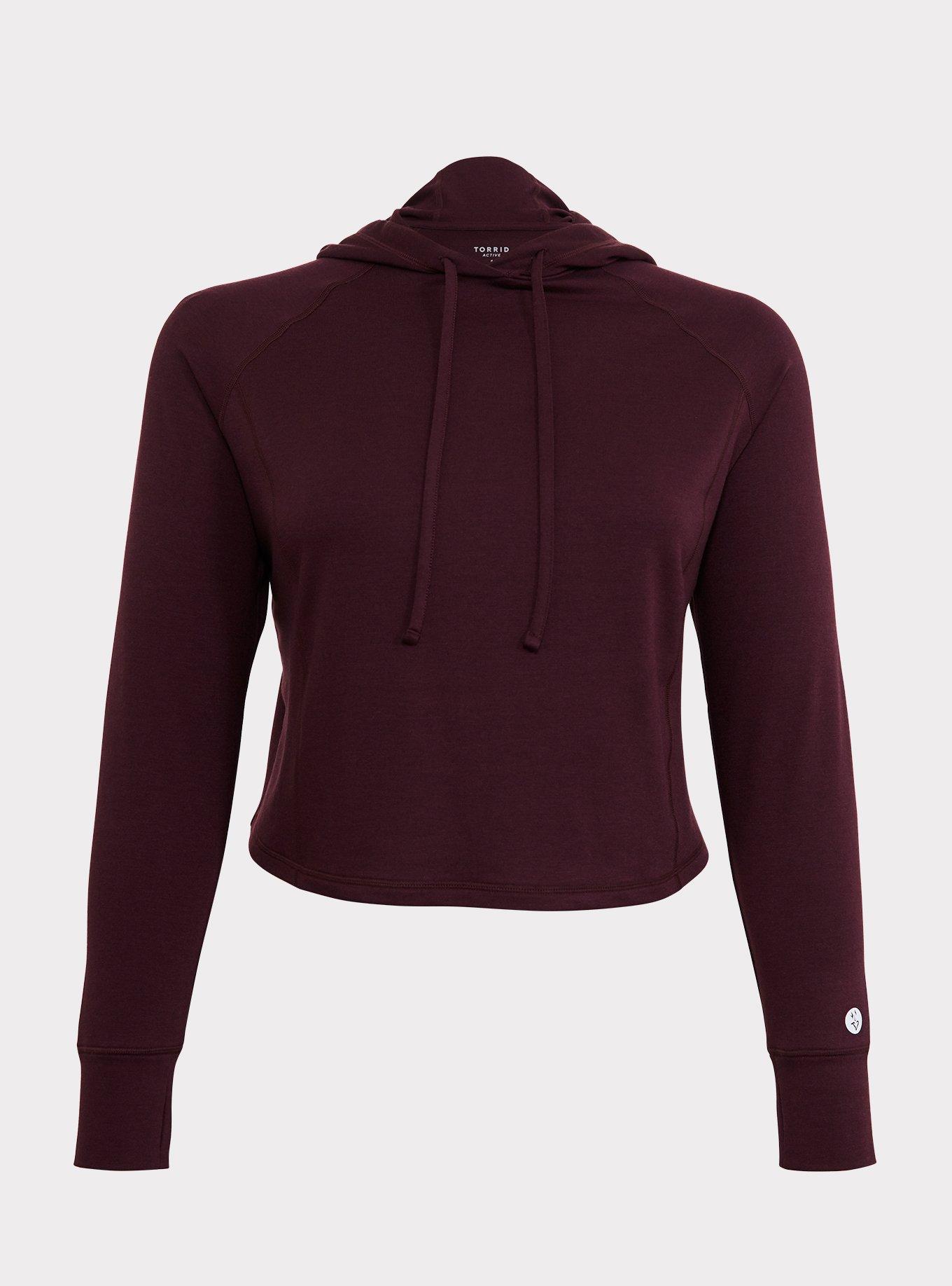 French Terry Cropped Long Sleeve Active Hooded Sweatshirt, BURGUNDY, hi-res
