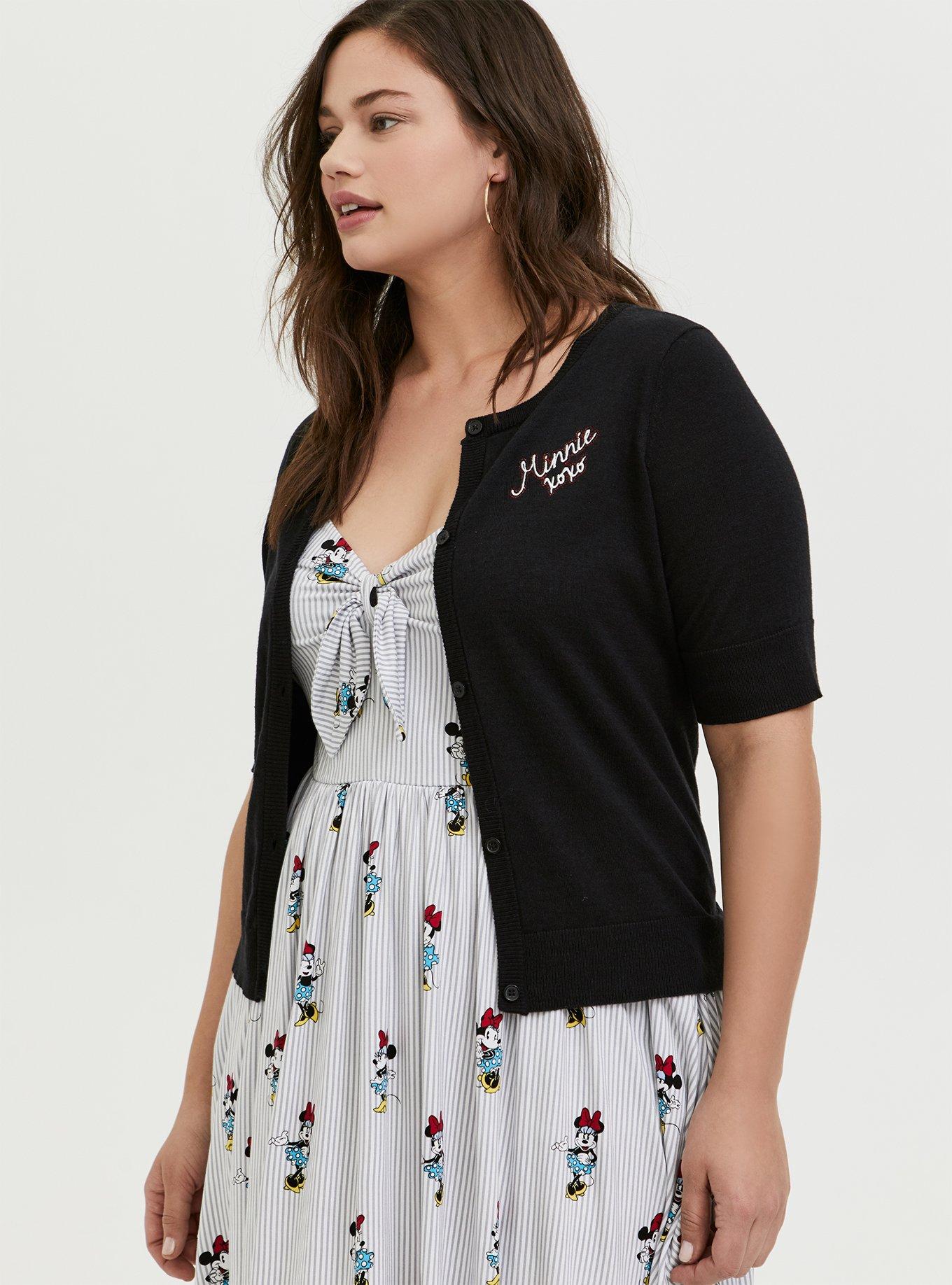 Plus Size Her Universe Disney Retro Minnie Mouse Black Button Front Crop Cardigan, DEEP BLACK, alternate