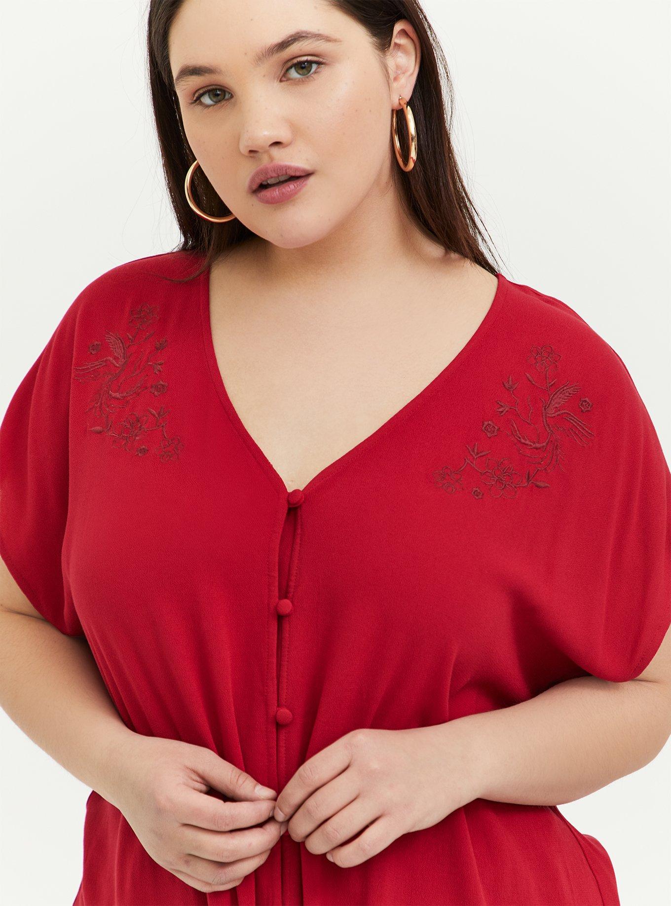 Disney Mulan Red Crepe Embroidered Tie Front Top, JESTER RED, alternate