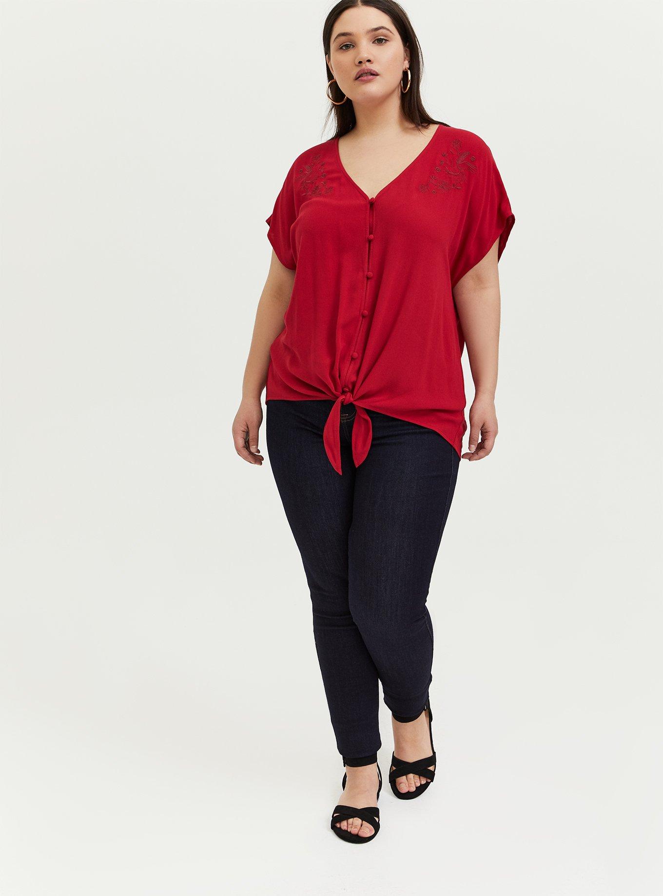 Disney Mulan Red Crepe Embroidered Tie Front Top, JESTER RED, alternate