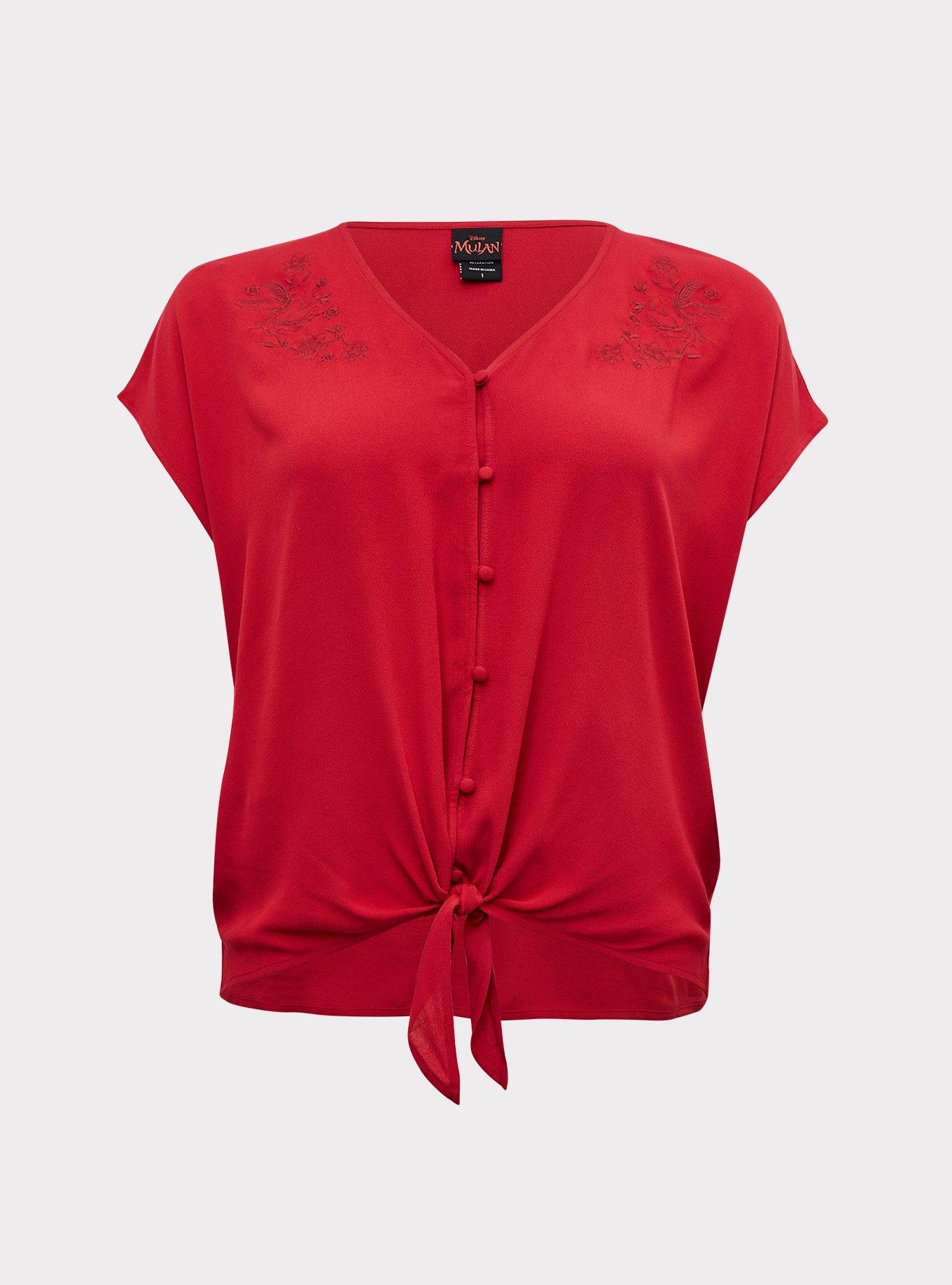 Disney Mulan Red Crepe Embroidered Tie Front Top, JESTER RED, hi-res